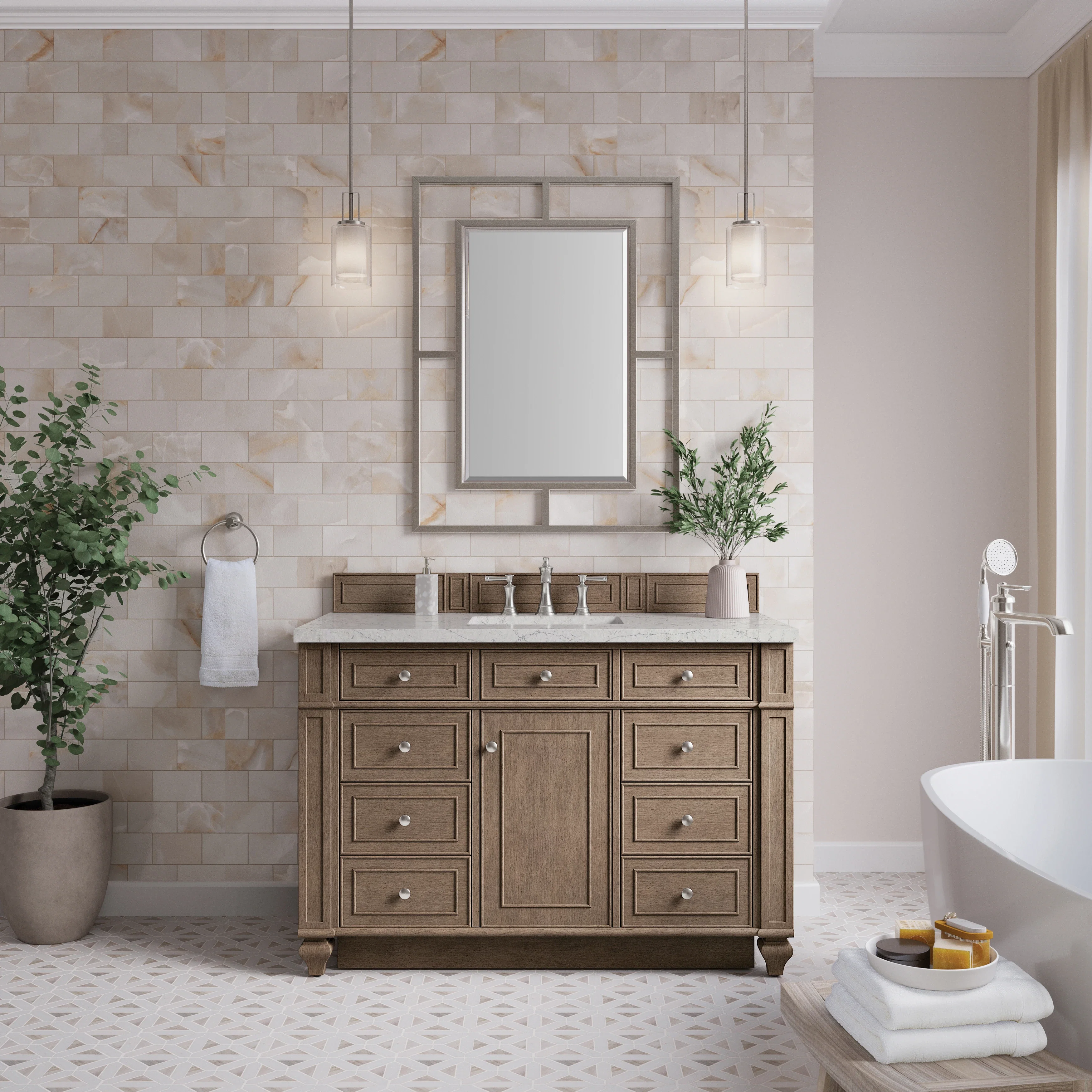 Bristol 48" Single Vanity, Whitewashed Walnut w/ 3 CM Eternal Jasmine Pearl Silestone Top