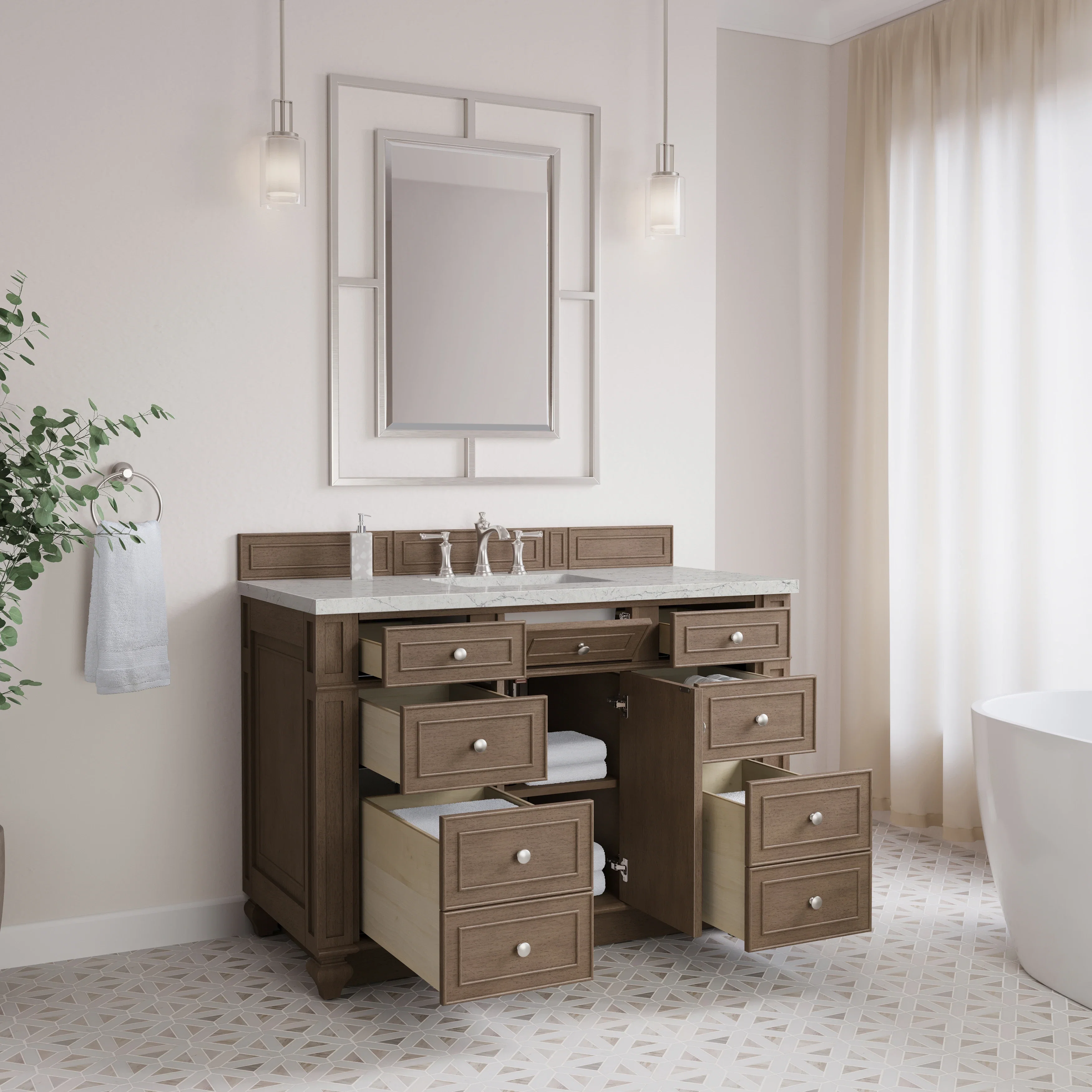 Bristol 48" Single Vanity, Whitewashed Walnut w/ 3 CM Eternal Jasmine Pearl Silestone Top