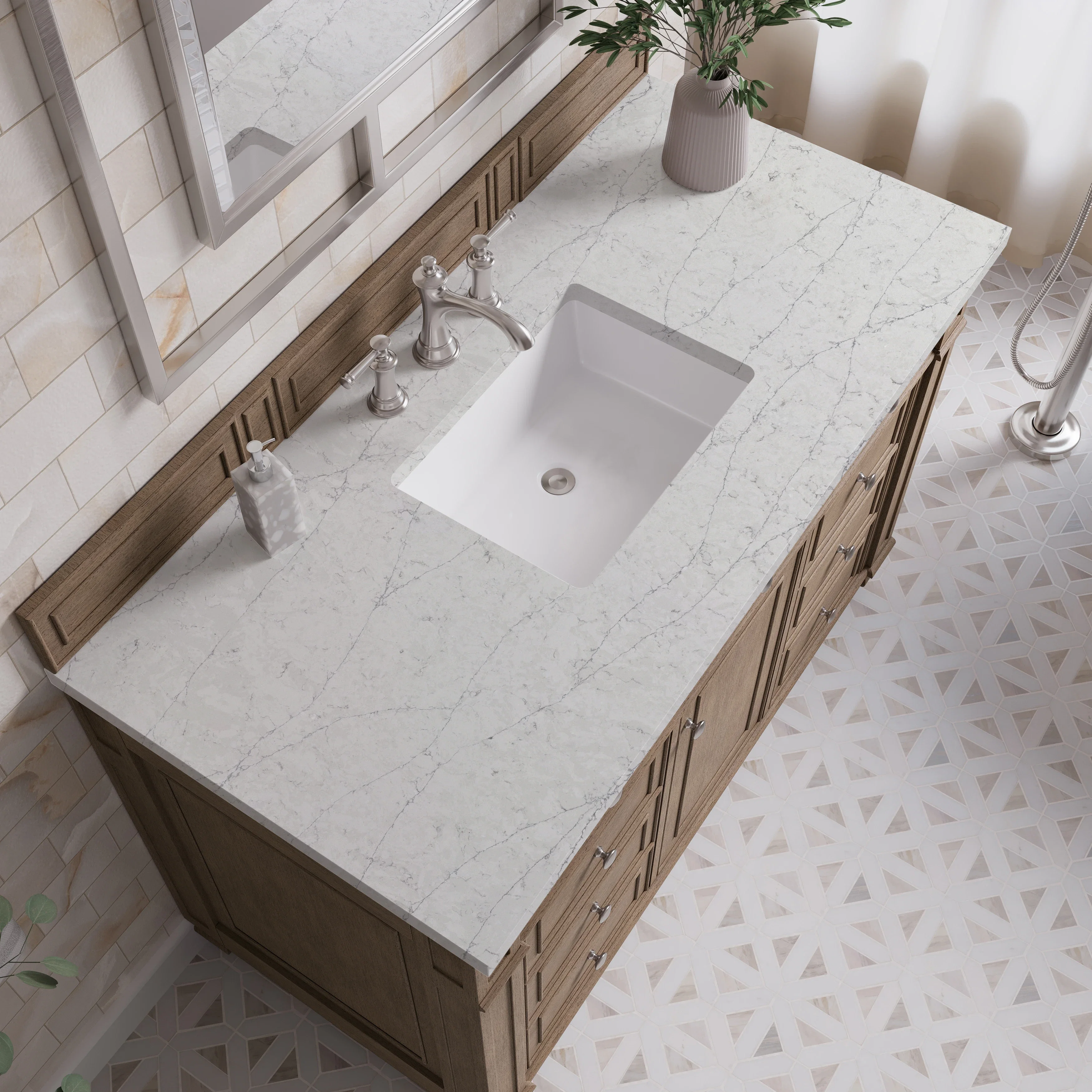 Bristol 48" Single Vanity, Whitewashed Walnut w/ 3 CM Eternal Jasmine Pearl Silestone Top