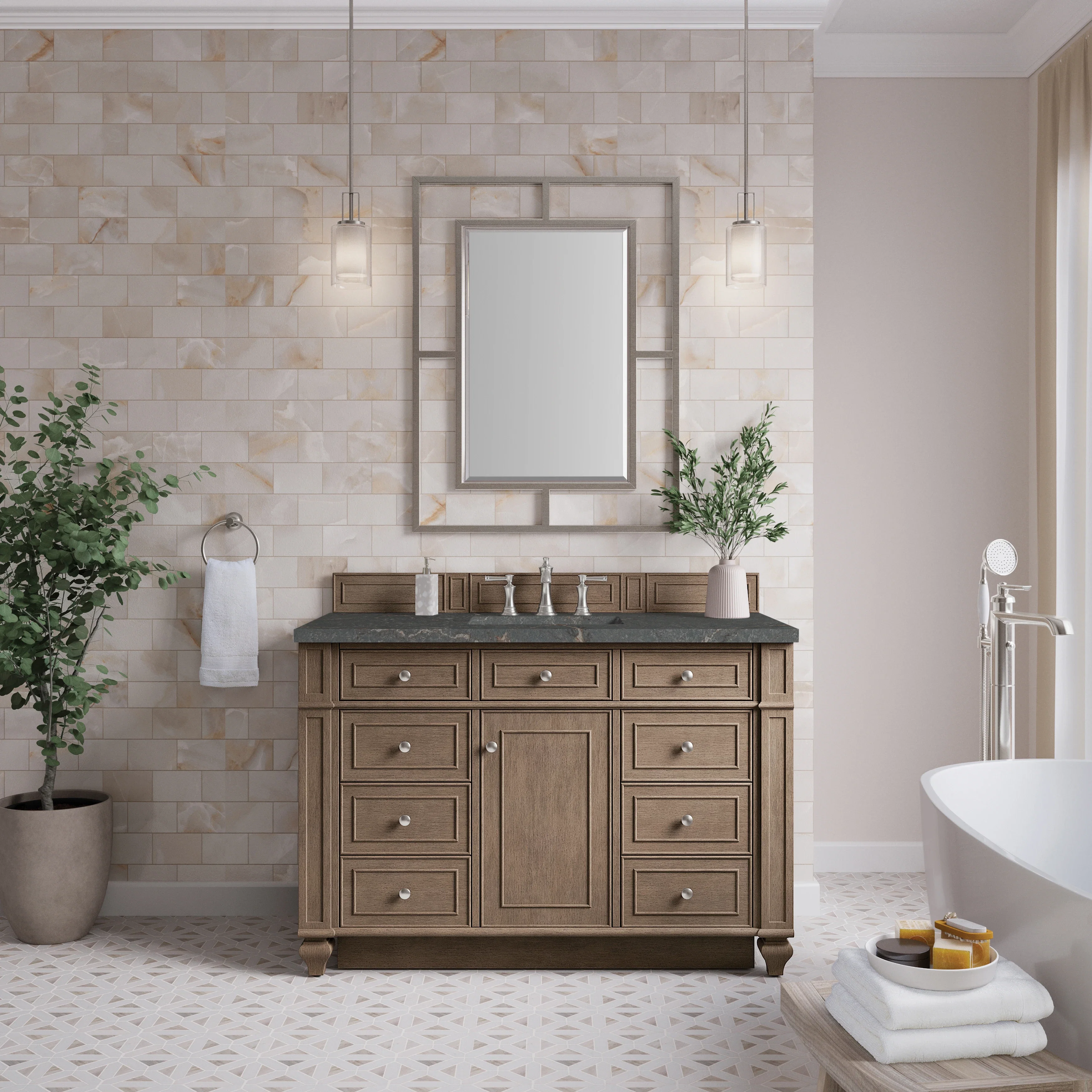 Bristol 48" Single Vanity, Whitewashed Walnut w/ 3 CM Parisien Bleu Silestone Top
