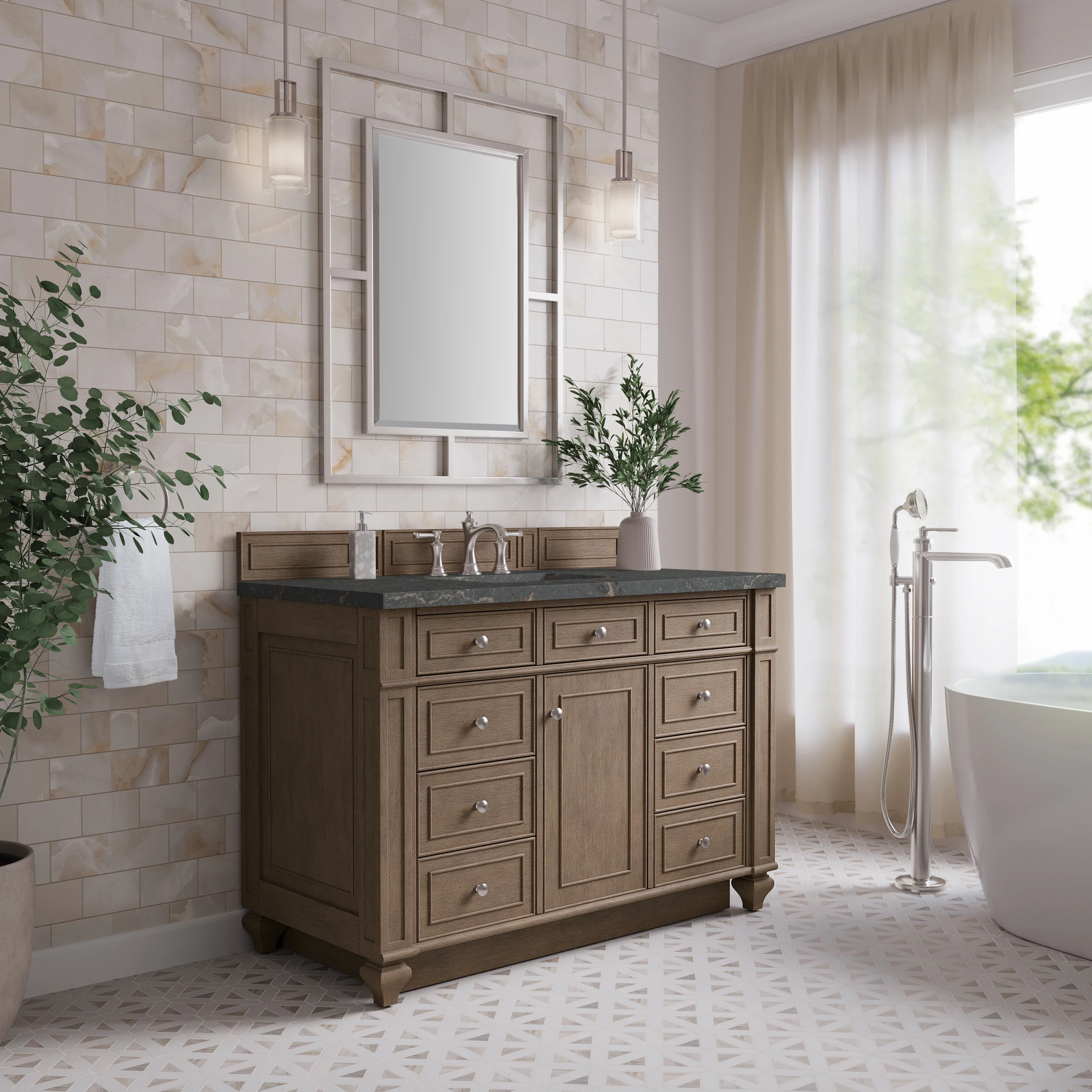 Bristol 48" Single Vanity, Whitewashed Walnut w/ 3 CM Parisien Bleu Silestone Top