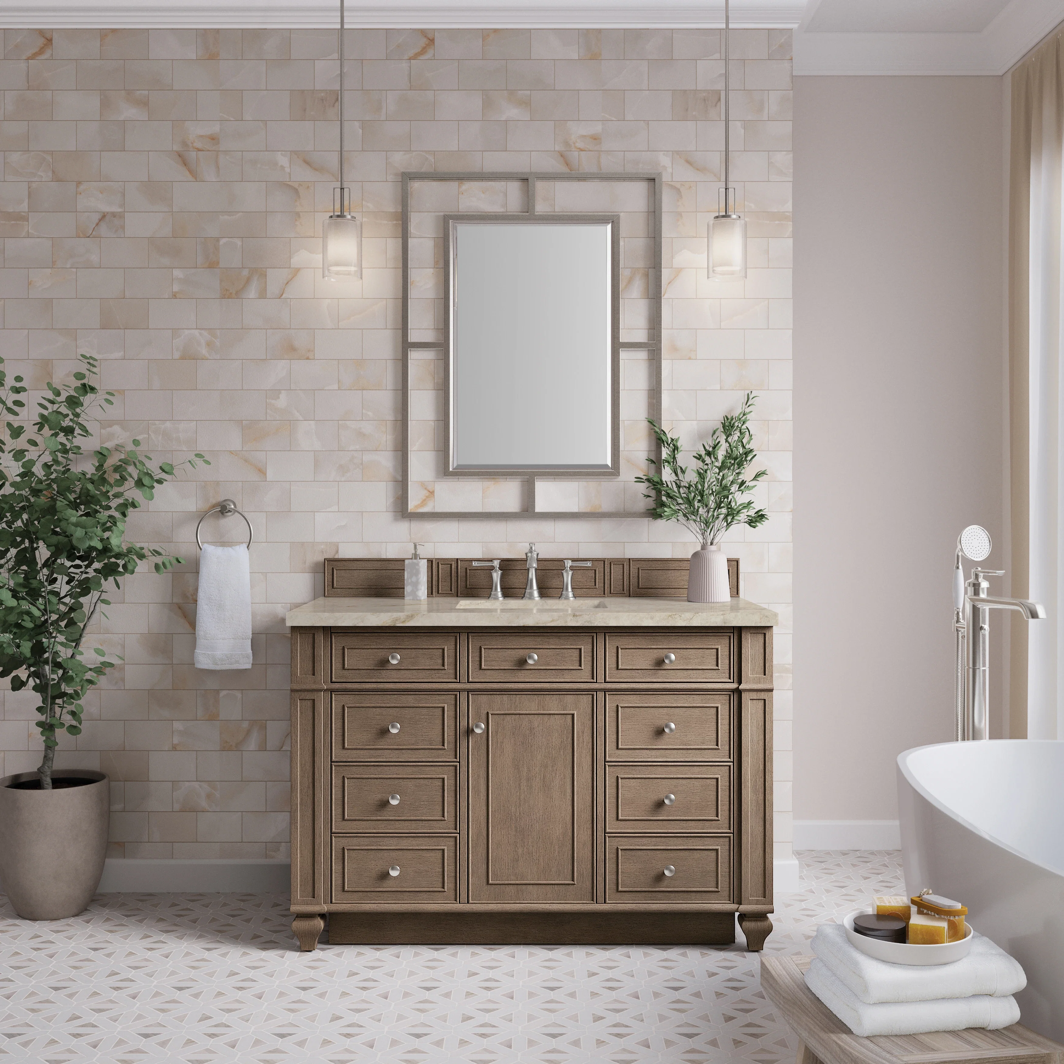 Bristol 48" Single Vanity, Whitewashed Walnut, w/ 3 CM Tajnar Eclos Top