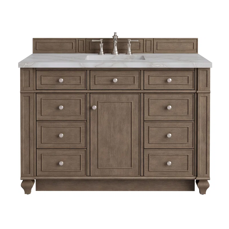Bristol 48" Single Vanity, Whitewashed Walnut w/ 3 CM Victorian Silver Silestone Top