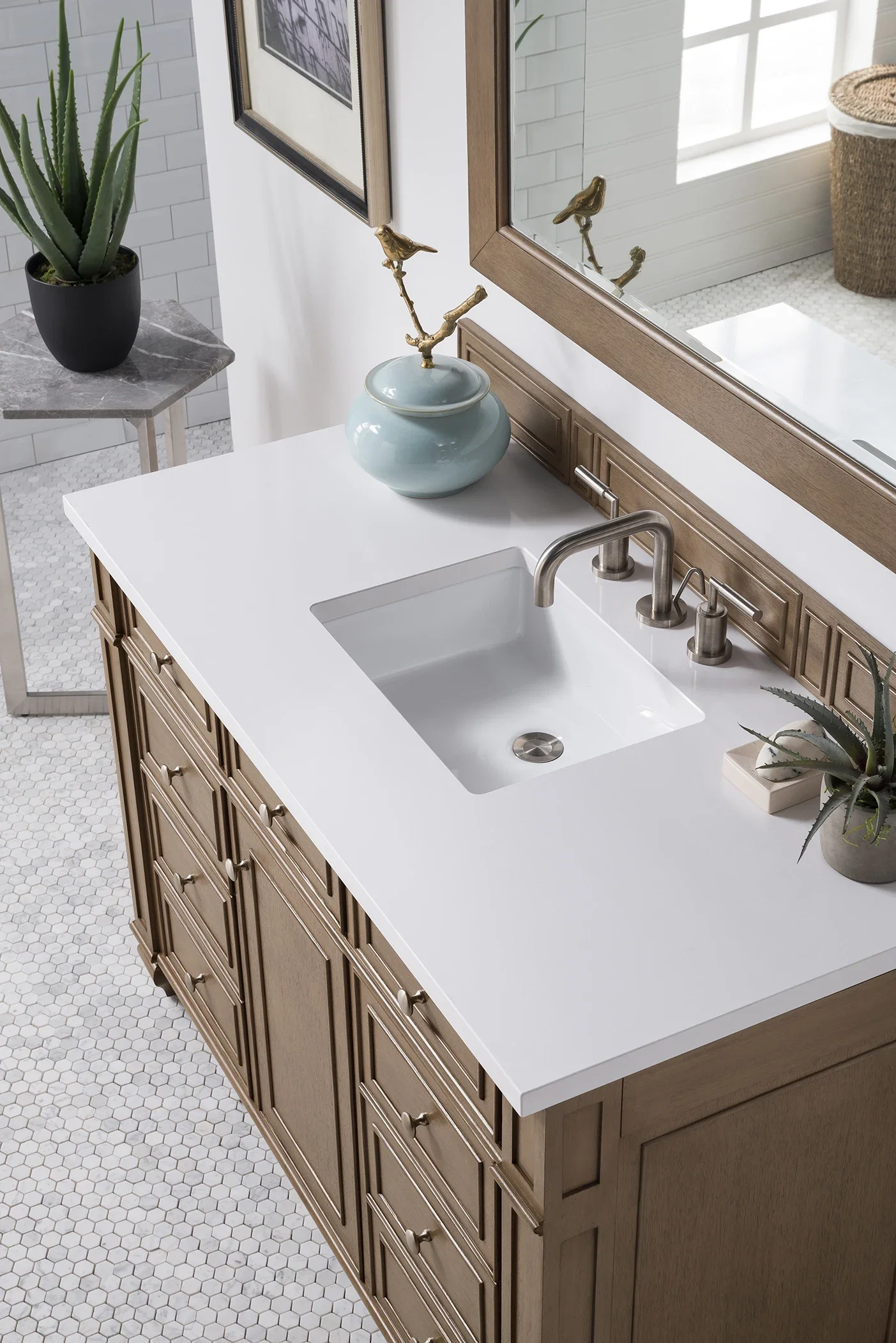 Bristol 48" Single Vanity, Whitewashed Walnut w/ 3 CM White Zeus Silestone Top