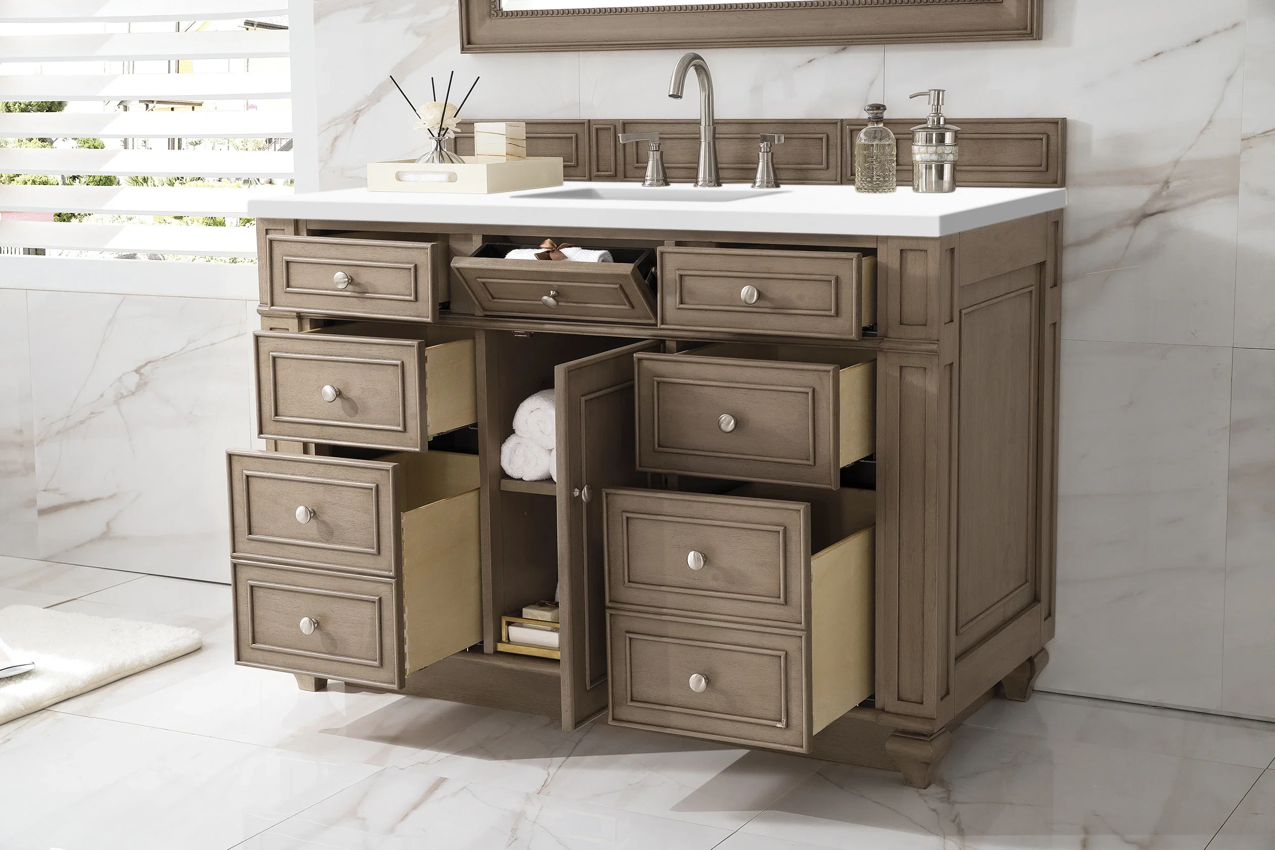 Bristol 48" Single Vanity, Whitewashed Walnut w/ 3 CM White Zeus Silestone Top