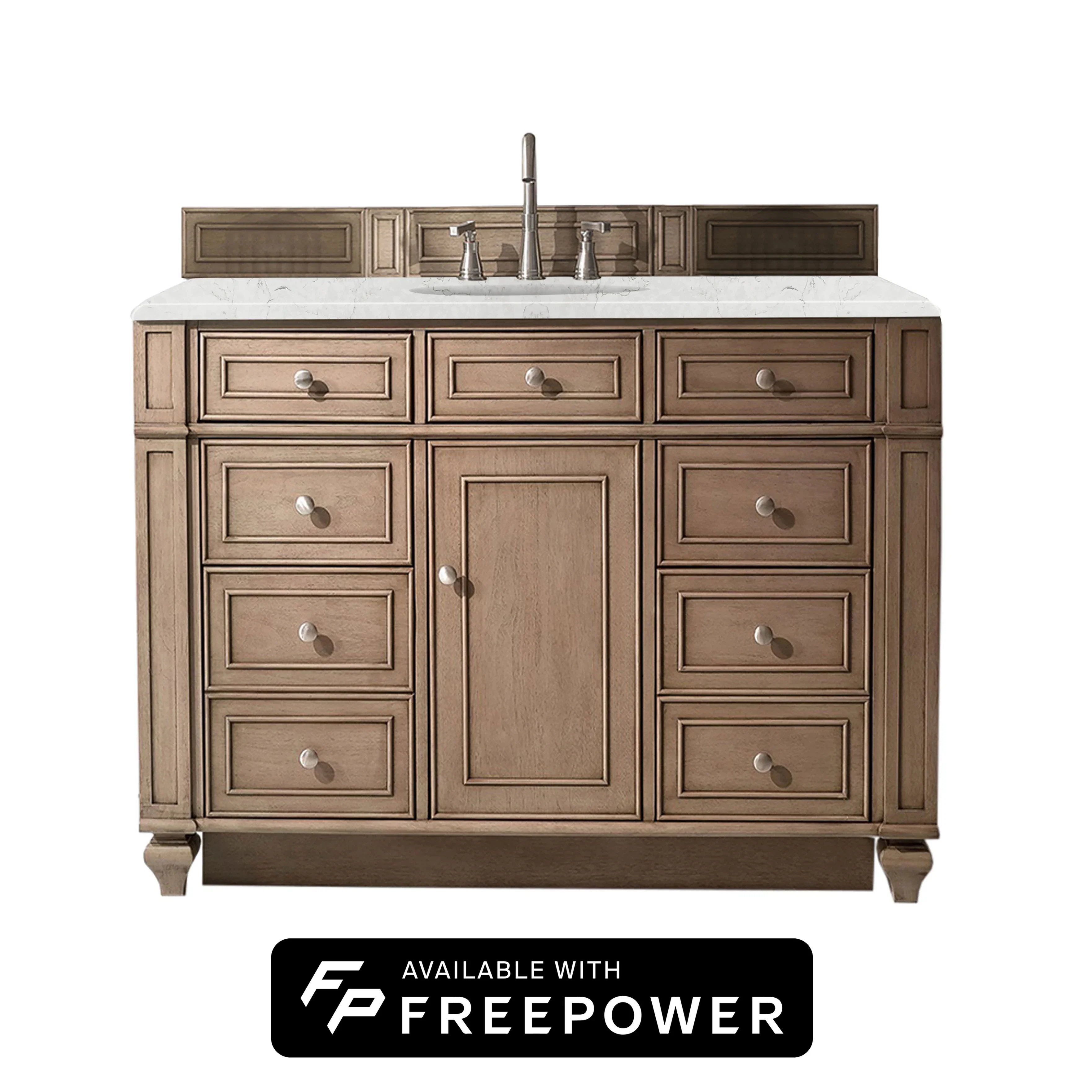 Bristol 48" Single Vanity, Whitewashed Walnut w/ 3 CM Eternal Jasmine Pearl Silestone Top w/ FreePower Wireless Charger