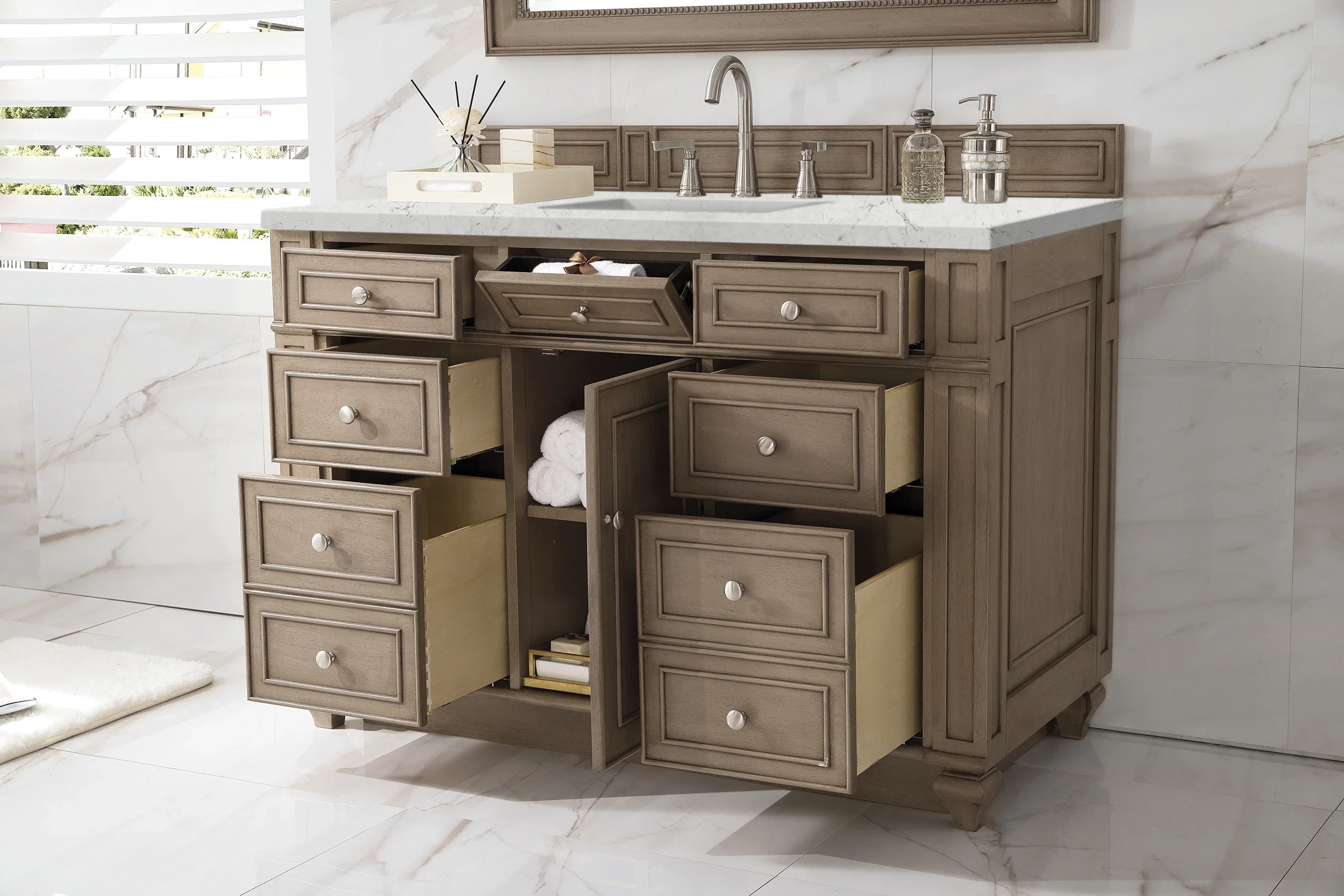 Bristol 48" Single Vanity, Whitewashed Walnut w/ 3 CM Eternal Jasmine Pearl Silestone Top w/ FreePower Wireless Charger