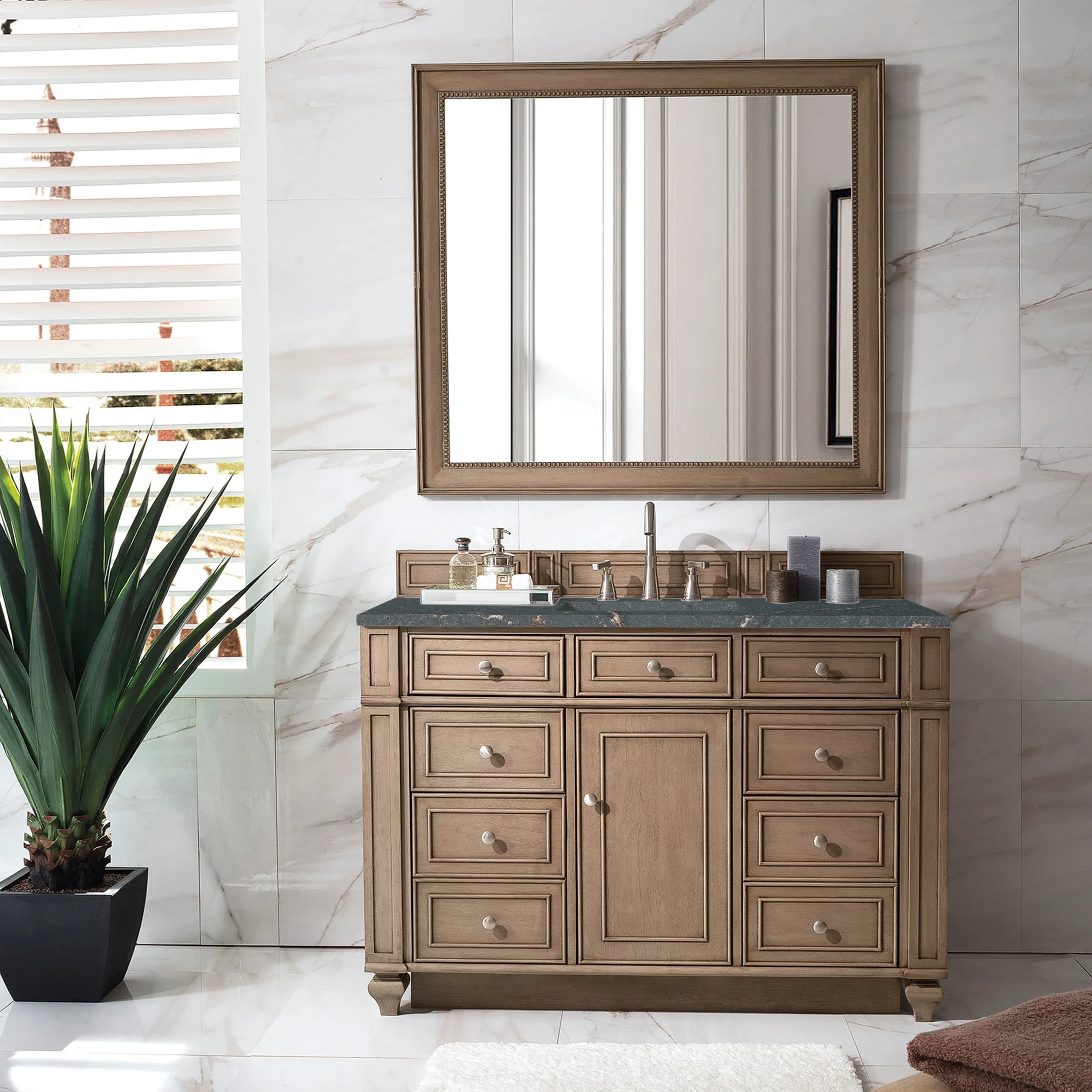 Bristol 48" Single Vanity, Whitewashed Walnut w/ 3 CM Parisien Bleu Silestone Top w/ FreePower Wireless Charger