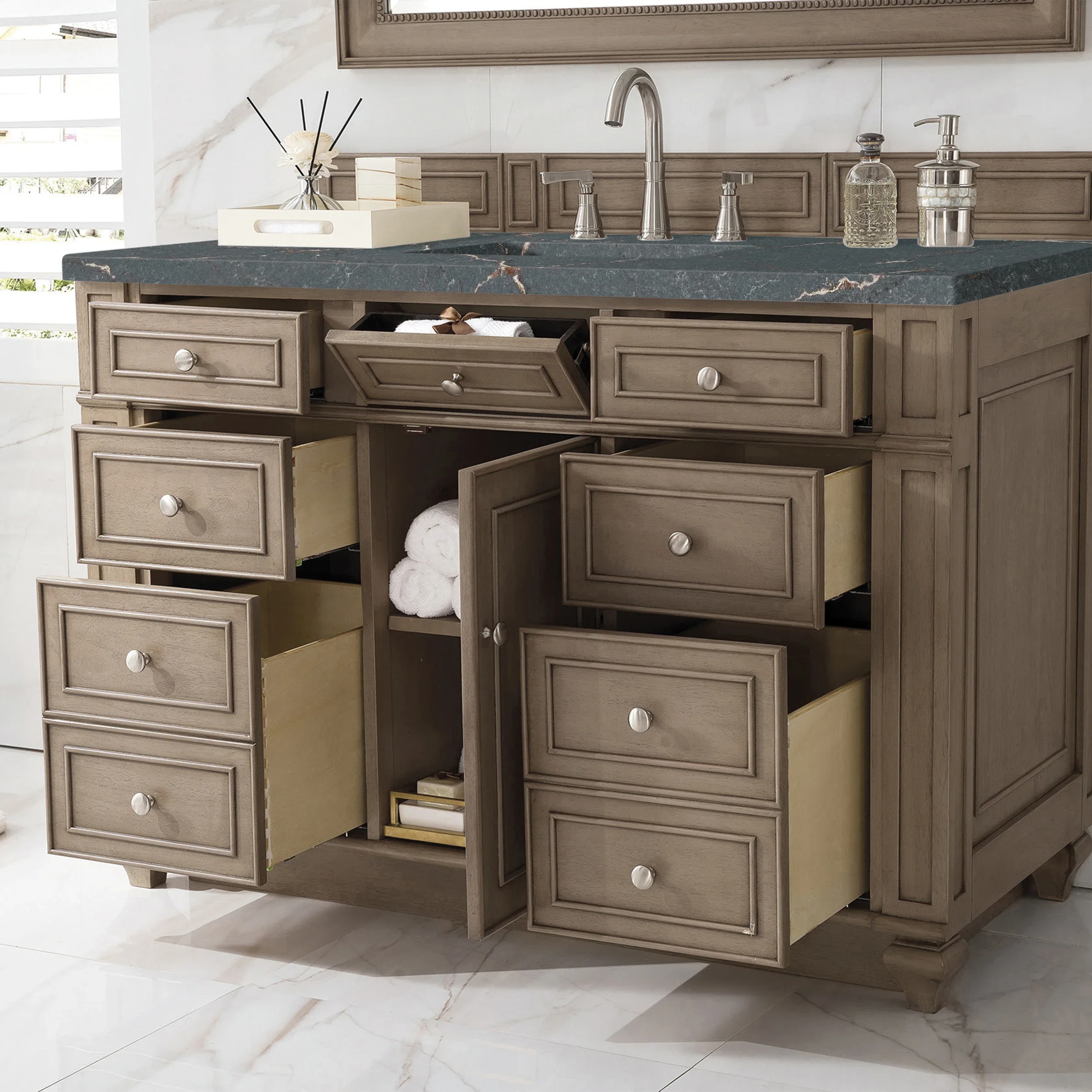 Bristol 48" Single Vanity, Whitewashed Walnut w/ 3 CM Parisien Bleu Silestone Top w/ FreePower Wireless Charger