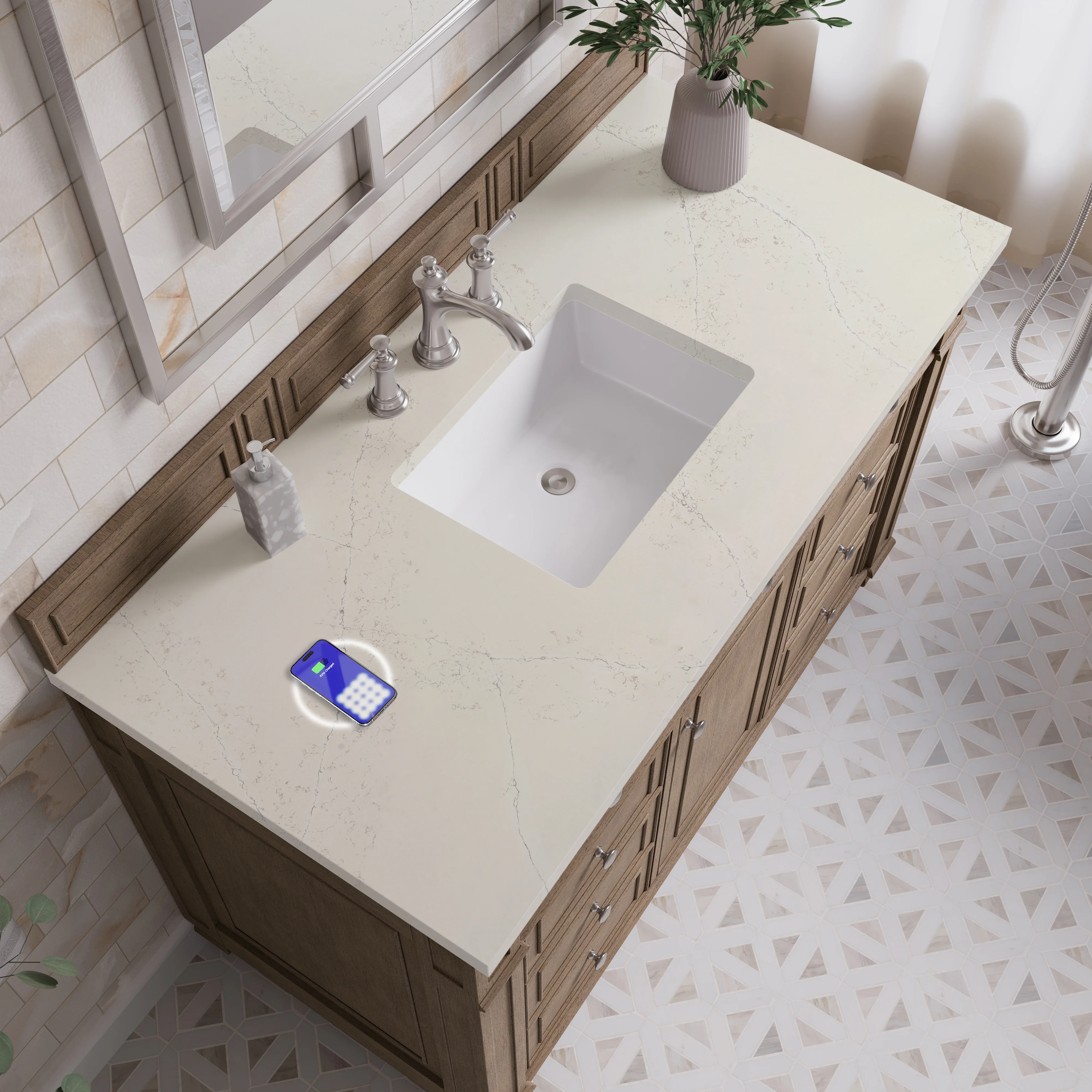 Bristol 48" Single Vanity, Whitewashed Walnut, w/ 3 CM Siberian Silestone Top w/FreePower Wireless Charger
