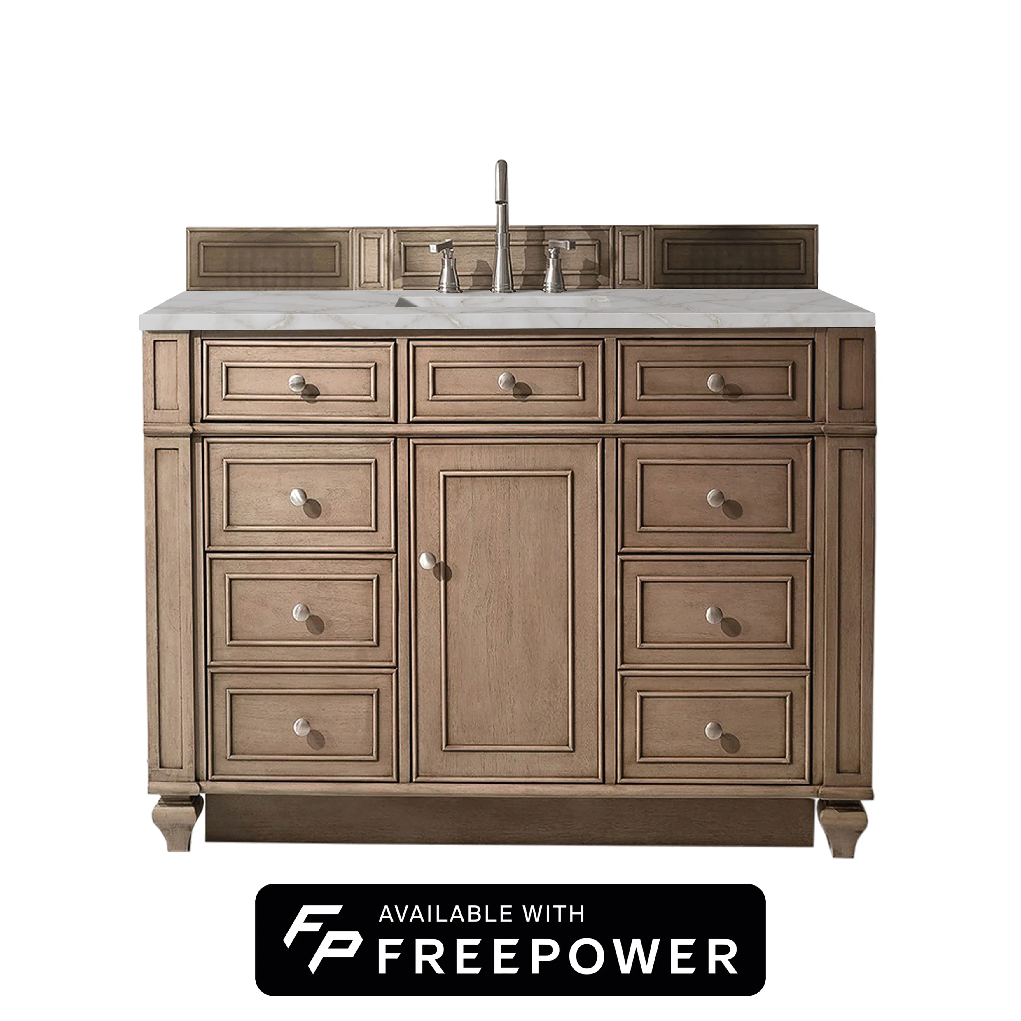 Bristol 48" Single Vanity, Whitewashed Walnut w/ 3 CM Victorian Silver Silestone Top w/ FreePower Wireless Charger