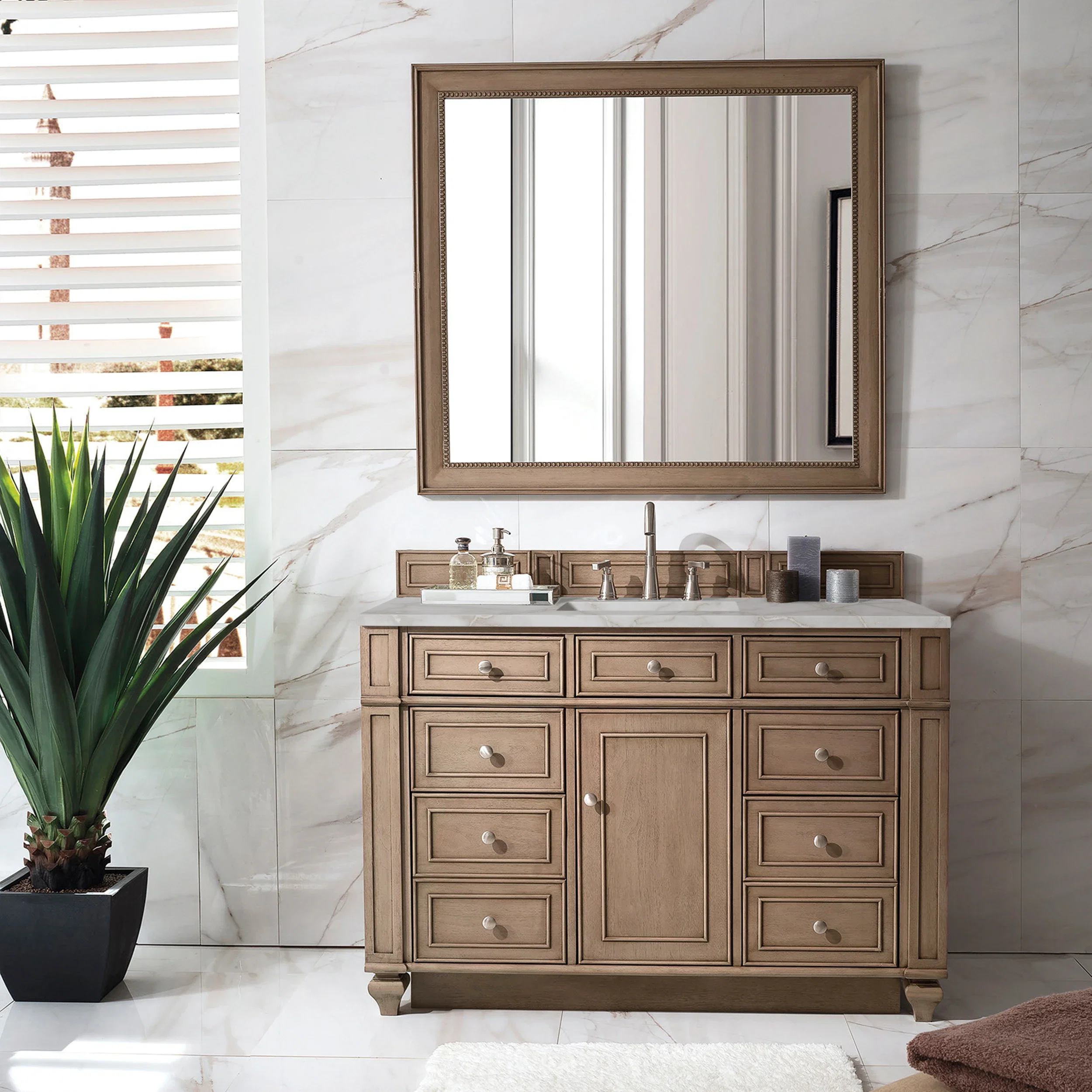 Bristol 48" Single Vanity, Whitewashed Walnut w/ 3 CM Victorian Silver Silestone Top w/ FreePower Wireless Charger