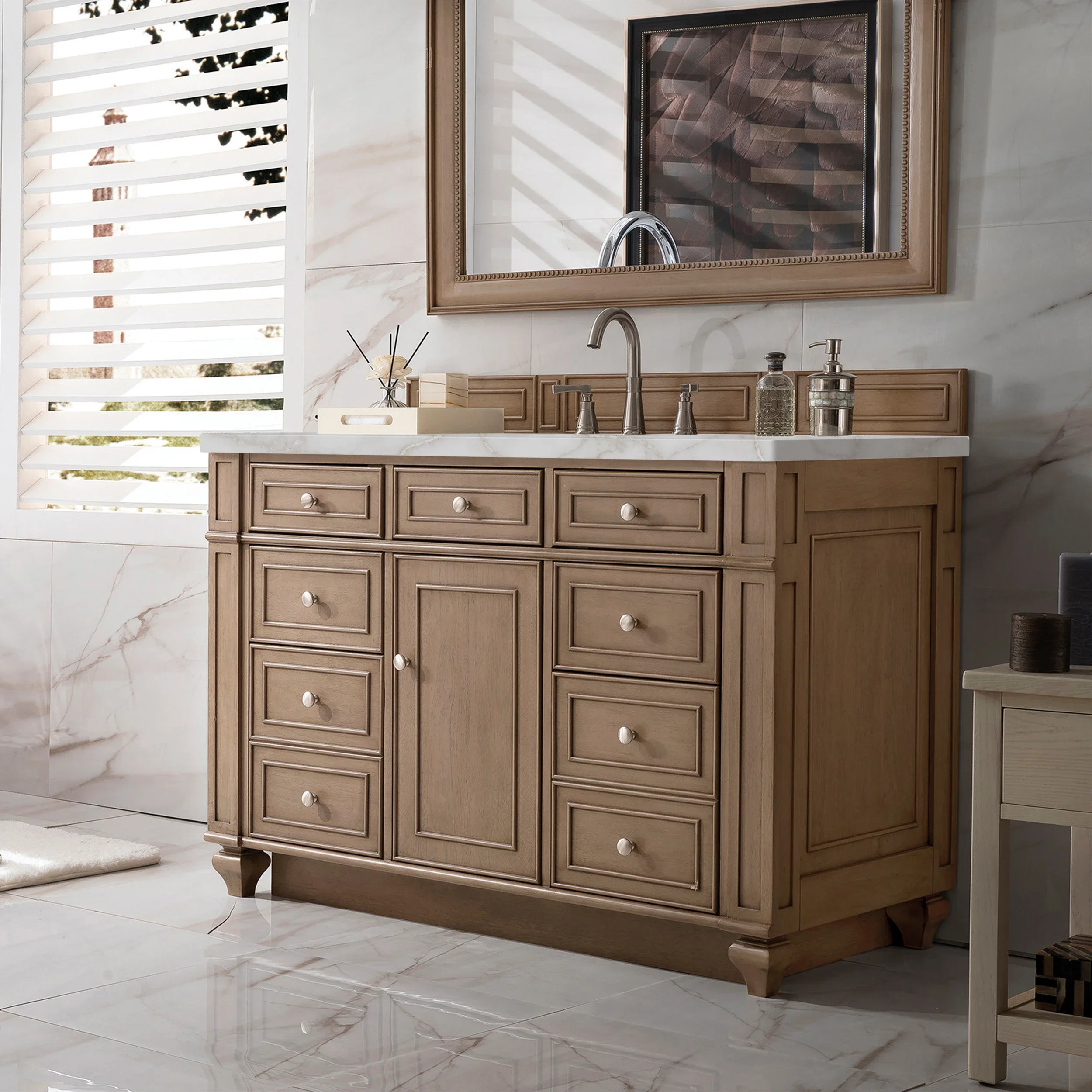 Bristol 48" Single Vanity, Whitewashed Walnut w/ 3 CM Victorian Silver Silestone Top w/ FreePower Wireless Charger