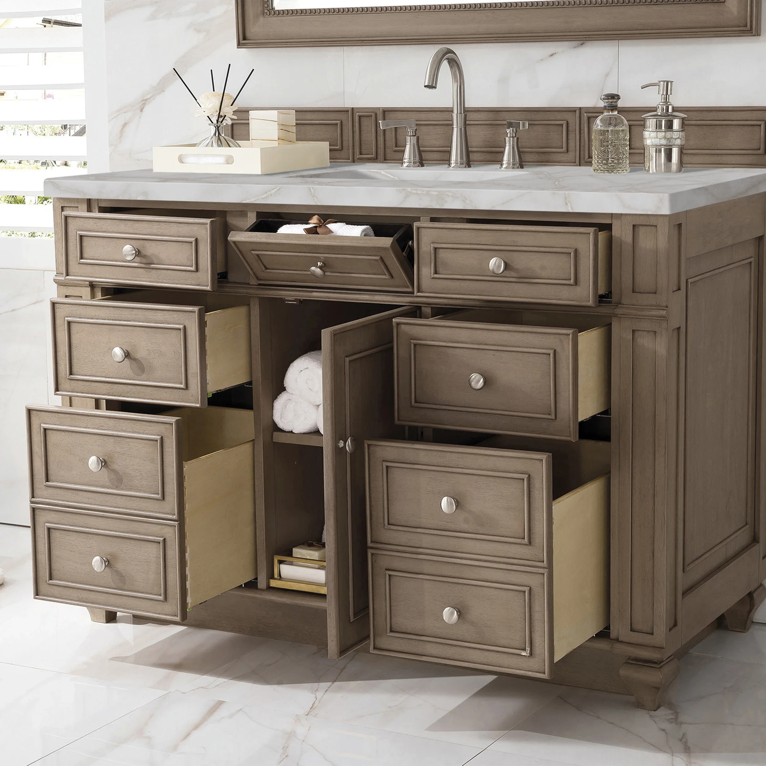Bristol 48" Single Vanity, Whitewashed Walnut w/ 3 CM Victorian Silver Silestone Top w/ FreePower Wireless Charger