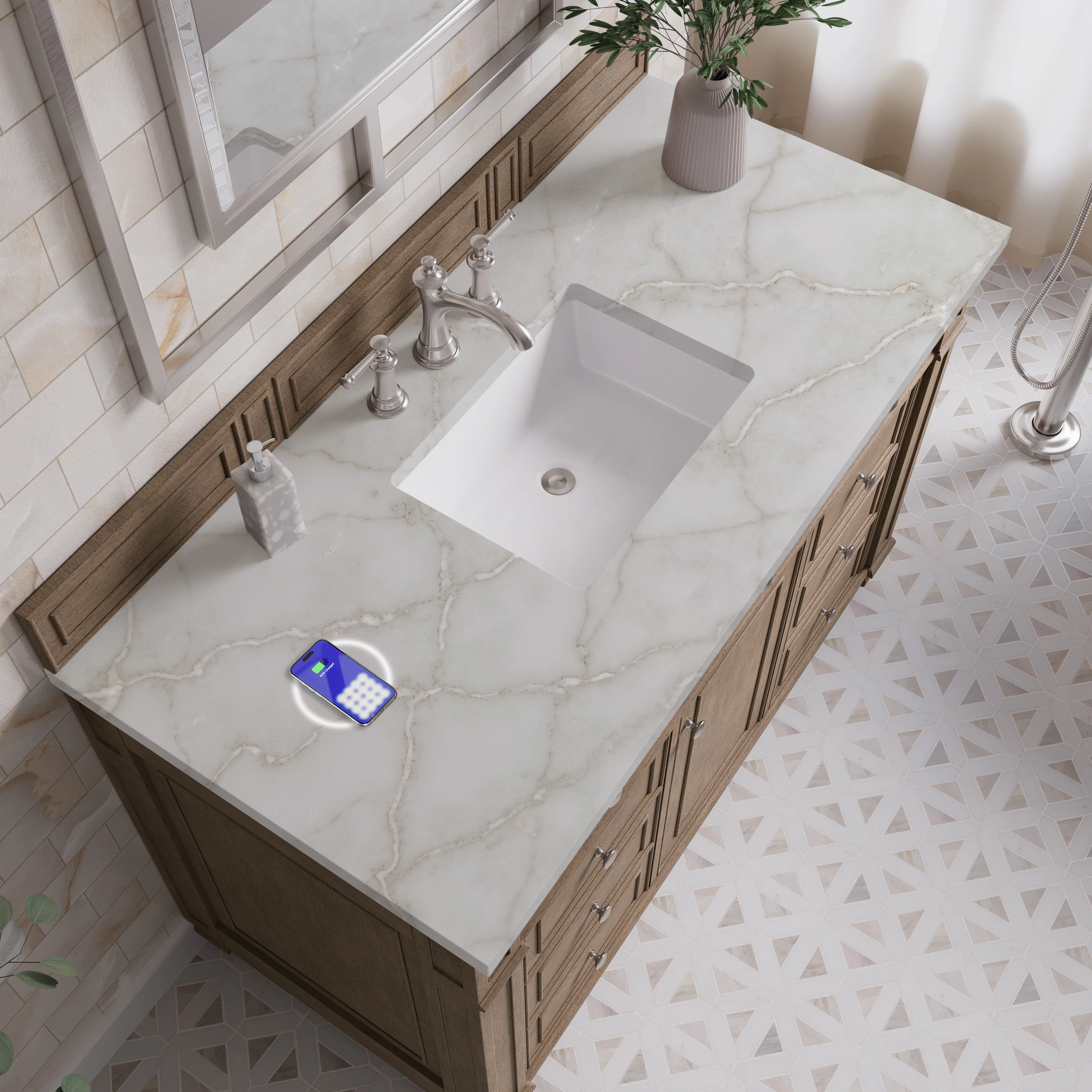 Bristol 48" Single Vanity, Whitewashed Walnut w/ 3 CM Victorian Silver Silestone Top w/ FreePower Wireless Charger