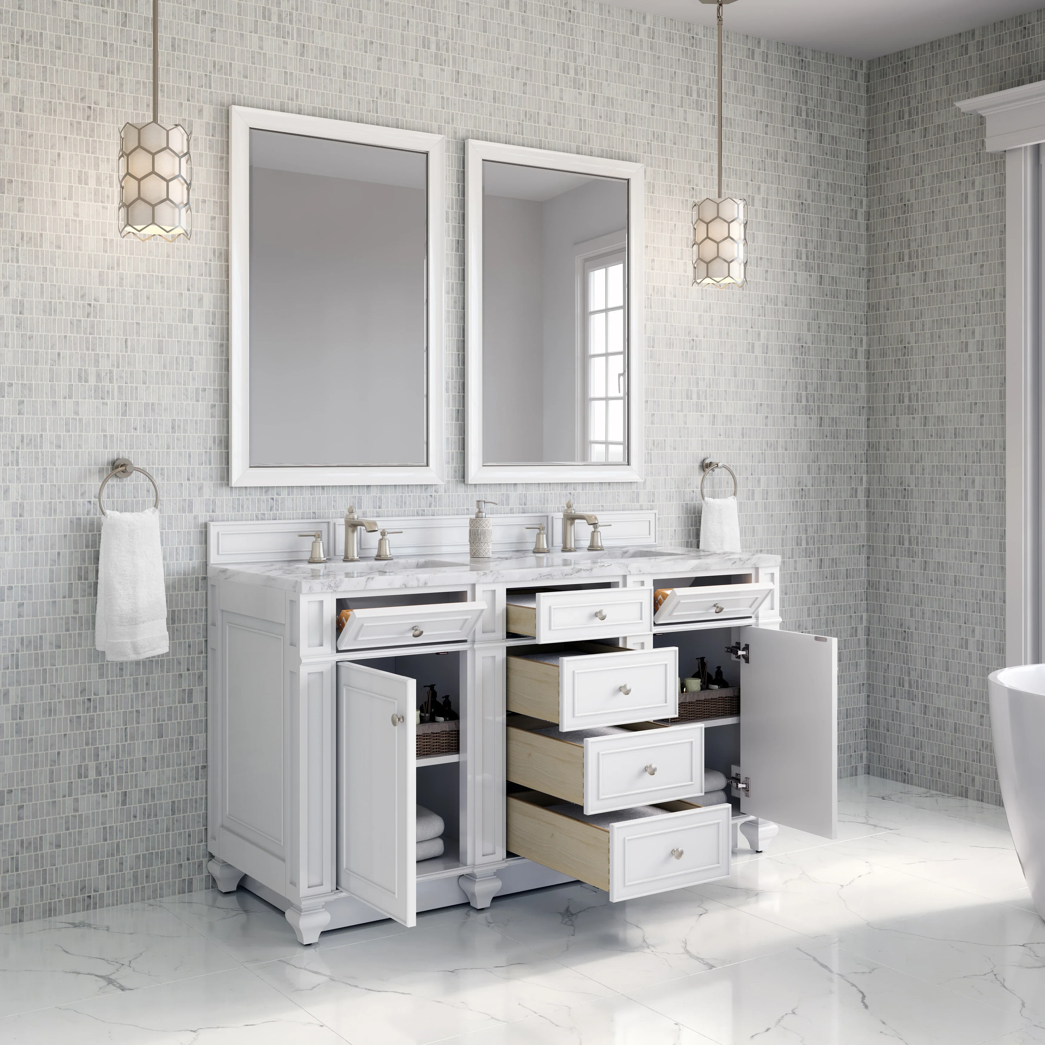 Bristol 60" Double Vanity, Bright White w/ 3 CM Carrara Marble Top