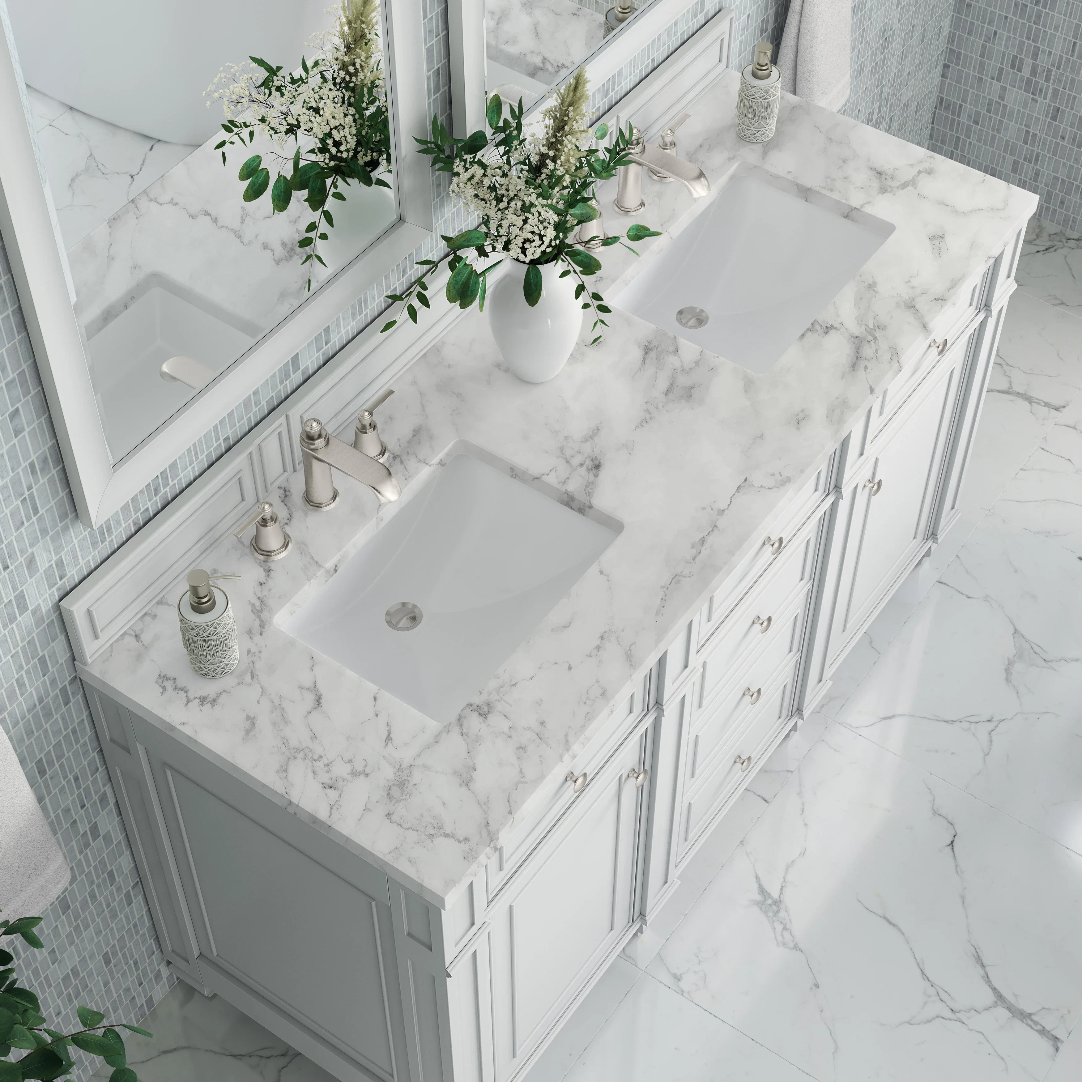 Bristol 60" Double Vanity, Bright White w/ 3 CM Carrara Marble Top