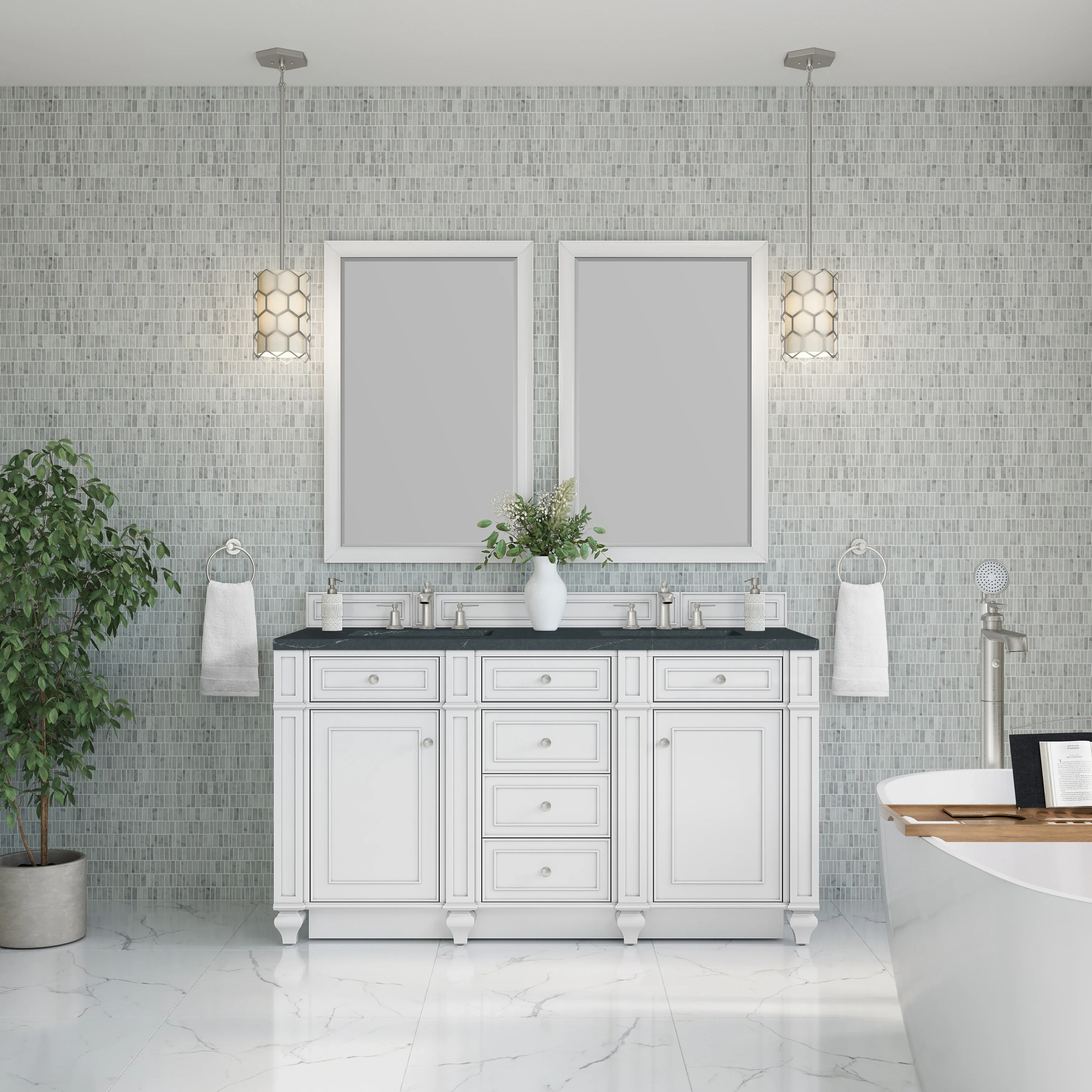 Bristol 60" Double Vanity, Bright White w/ 3 CM Charcoal Soapstone Silestone Top