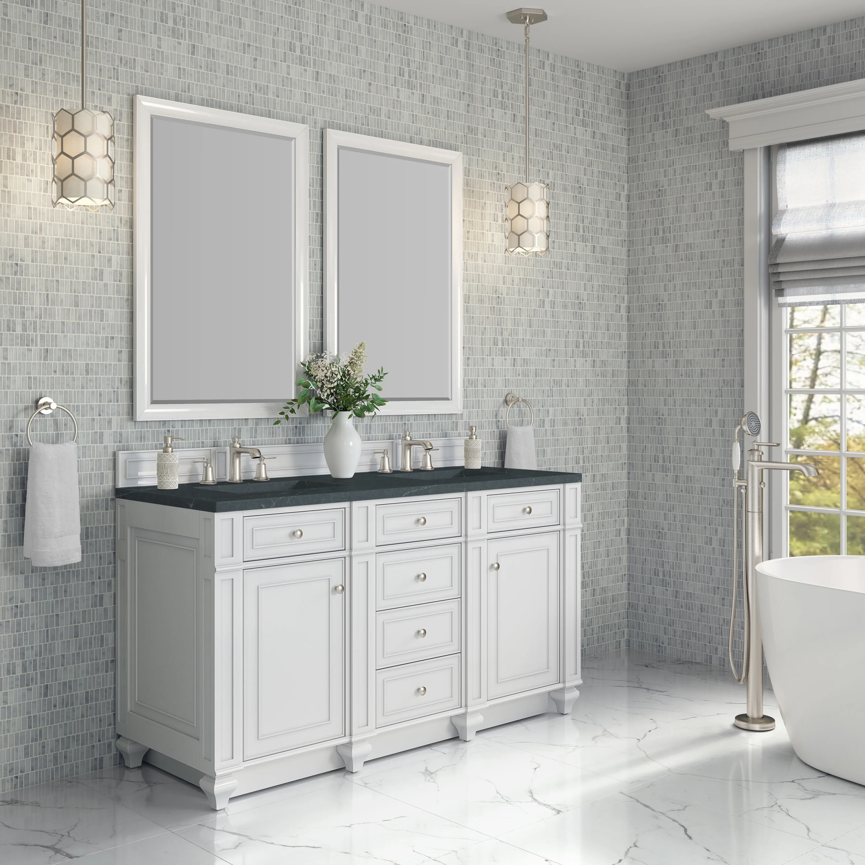 Bristol 60" Double Vanity, Bright White w/ 3 CM Charcoal Soapstone Silestone Top