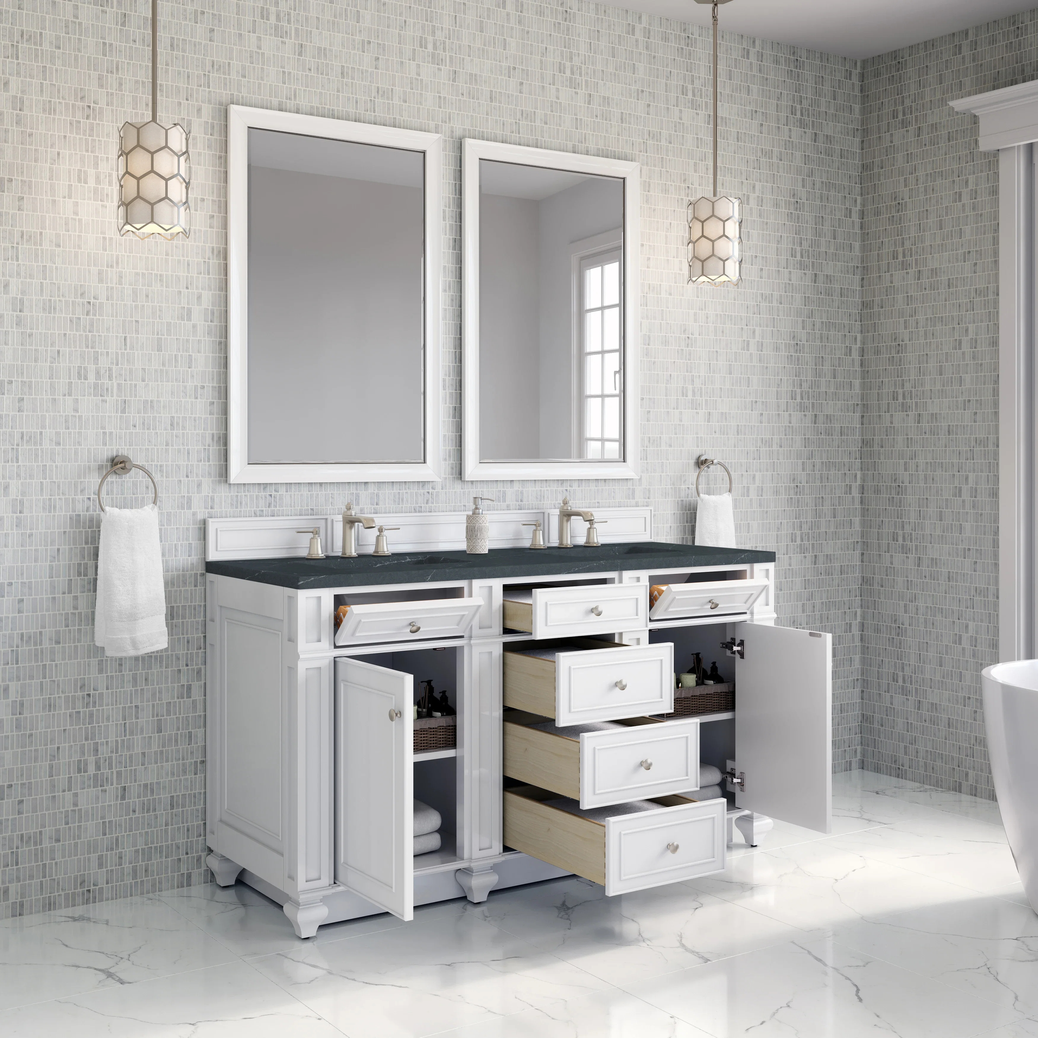 Bristol 60" Double Vanity, Bright White w/ 3 CM Charcoal Soapstone Silestone Top