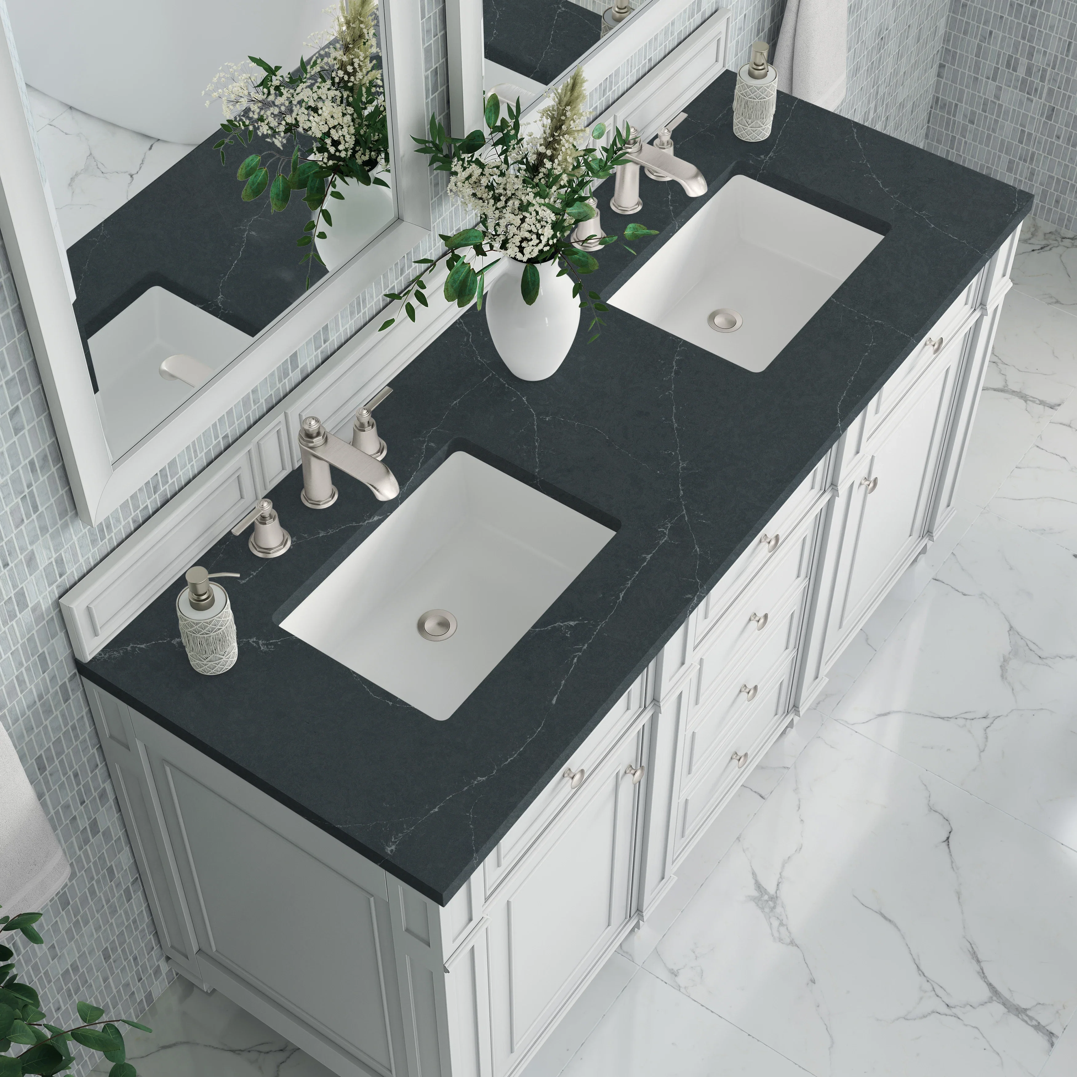 Bristol 60" Double Vanity, Bright White w/ 3 CM Charcoal Soapstone Silestone Top