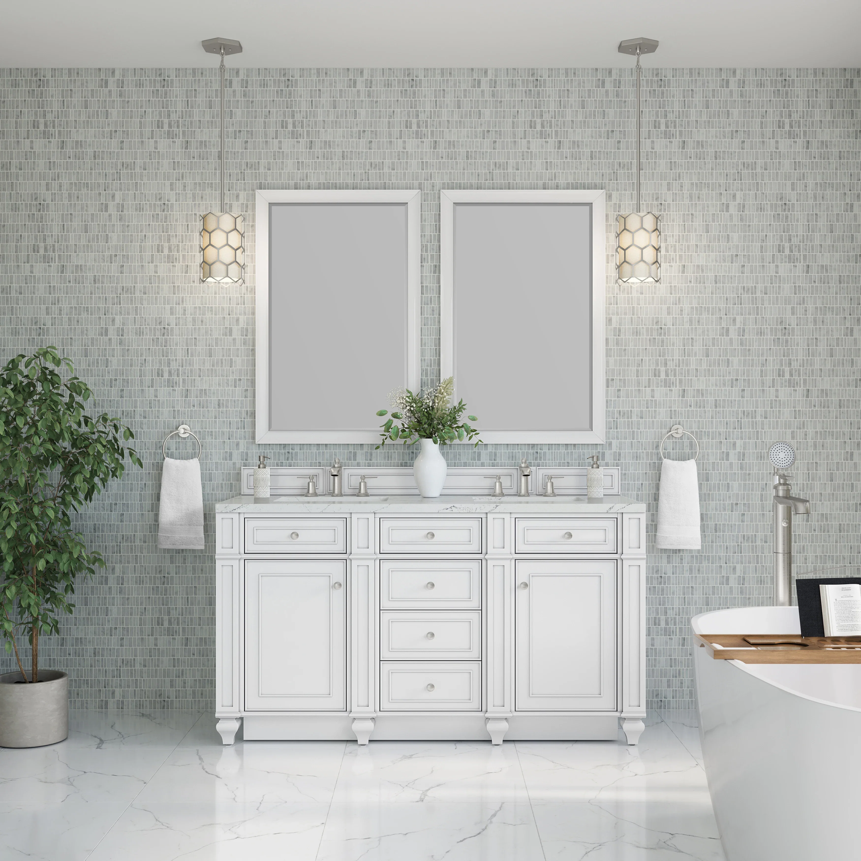 Bristol 60" Double Vanity, Bright White w/ 3 CM Ethereal Noctis Silestone Top