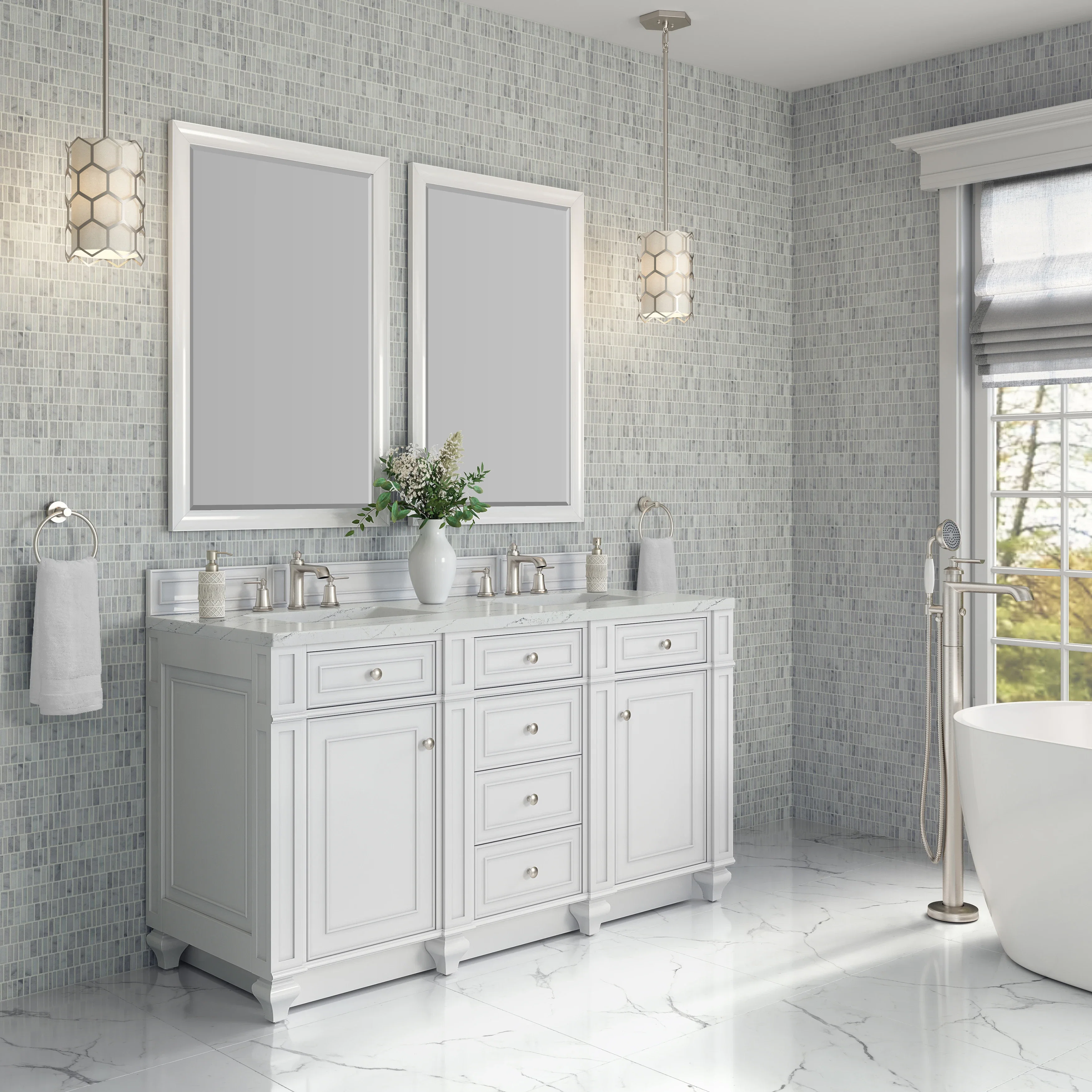 Bristol 60" Double Vanity, Bright White w/ 3 CM Ethereal Noctis Silestone Top
