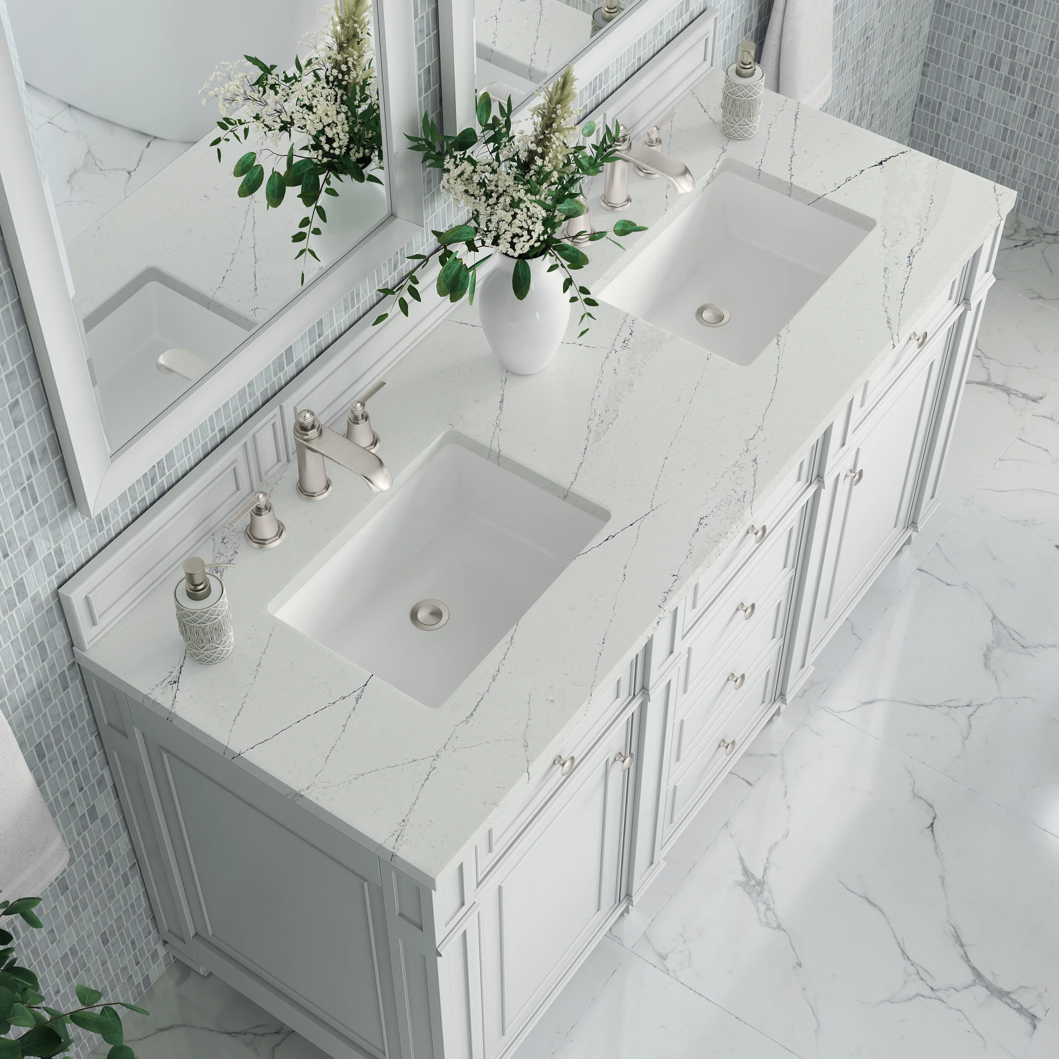 Bristol 60" Double Vanity, Bright White w/ 3 CM Ethereal Noctis Silestone Top