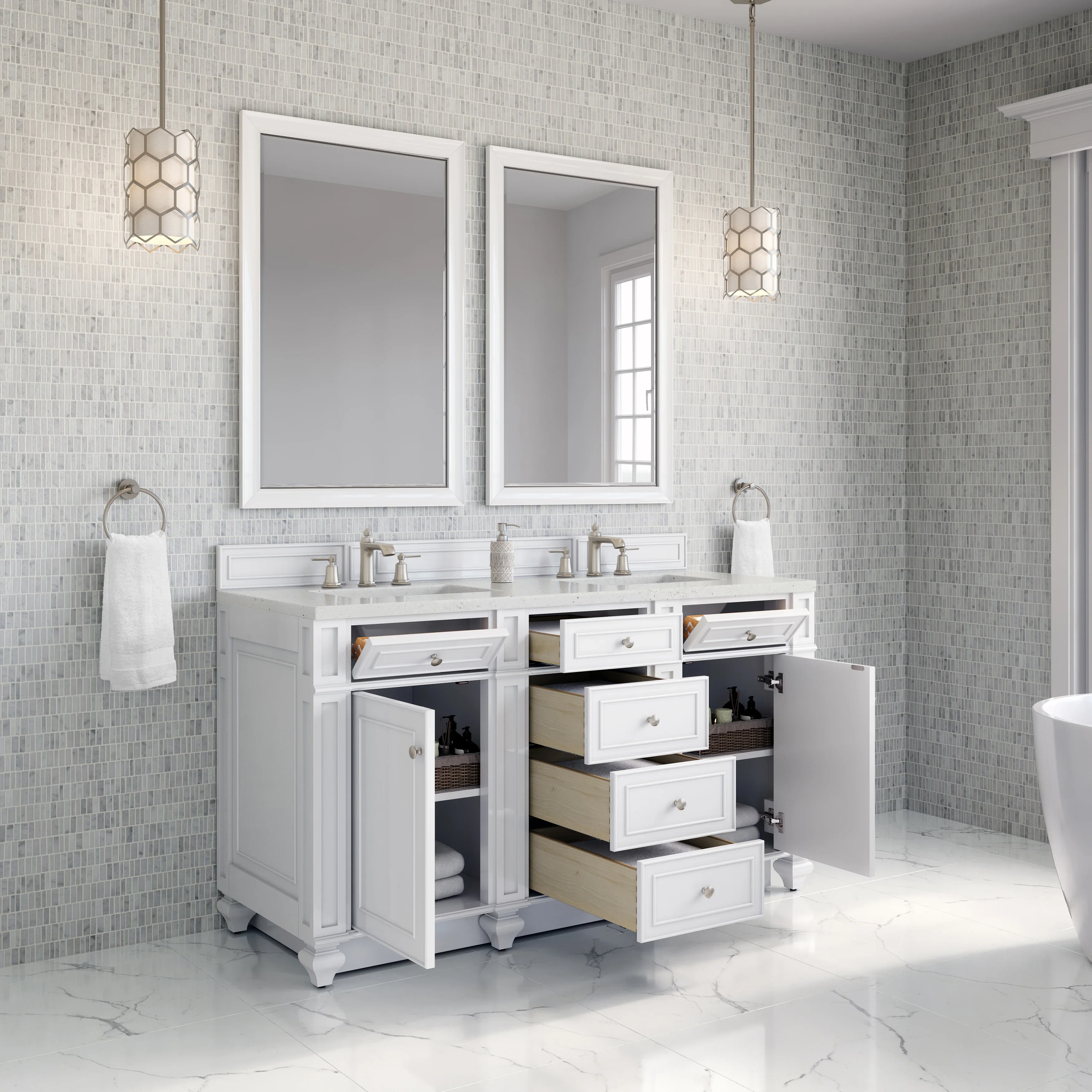 Bristol 60" Double Vanity, Bright White w/ 3 CM Lime Delight Silestone Top