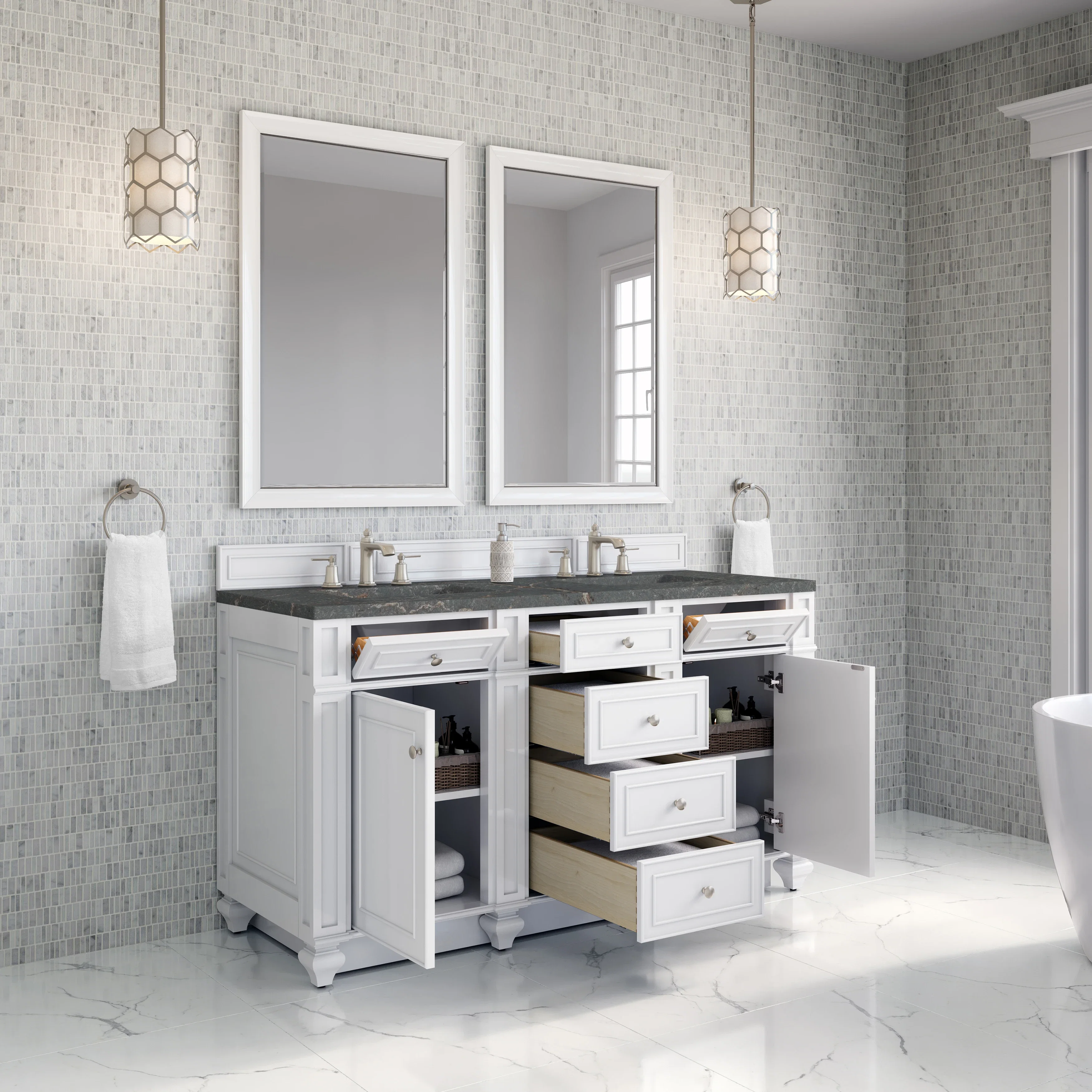 Bristol 60" Double Vanity, Bright White w/ 3 CM Parisien Bleu Silestone Top