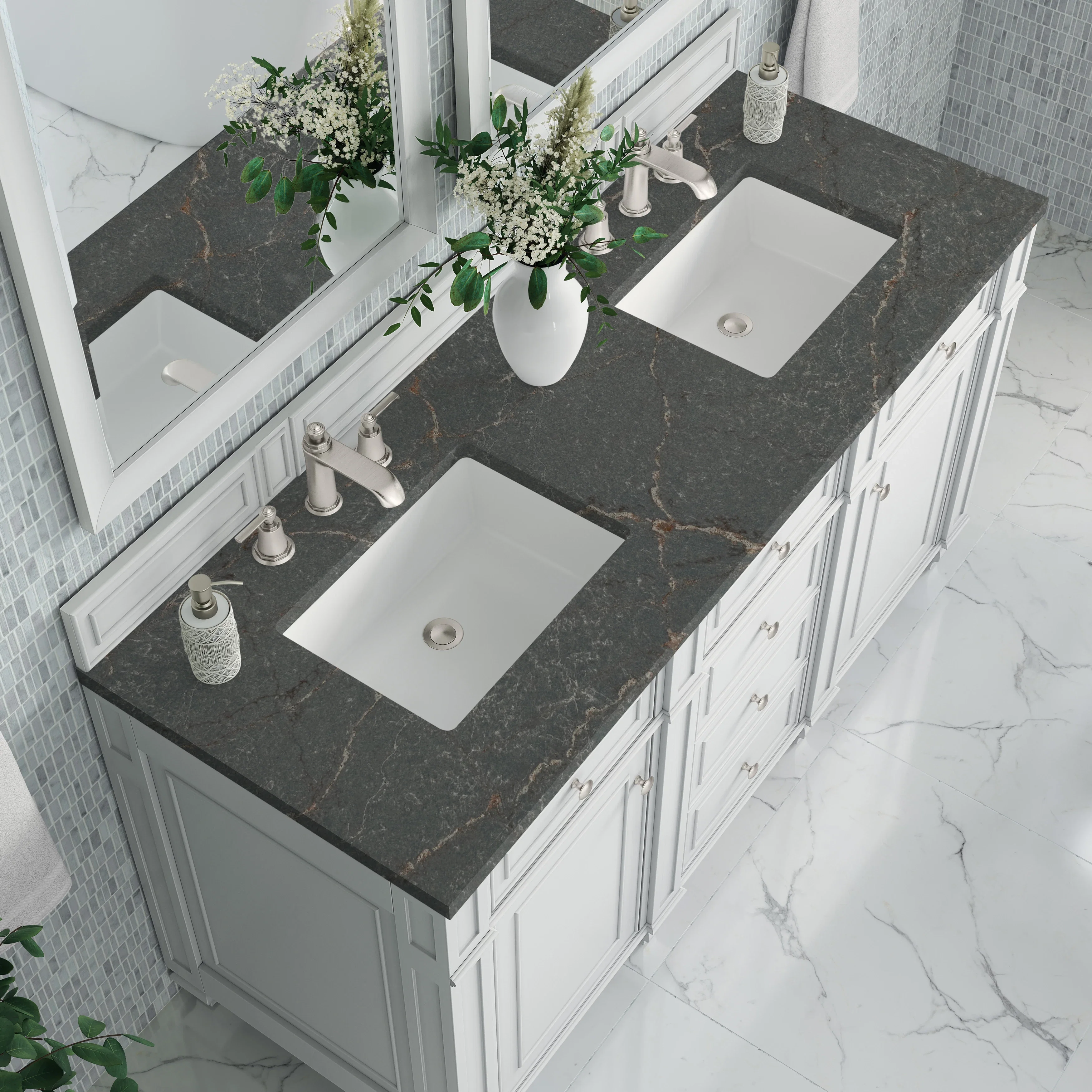 Bristol 60" Double Vanity, Bright White w/ 3 CM Parisien Bleu Silestone Top