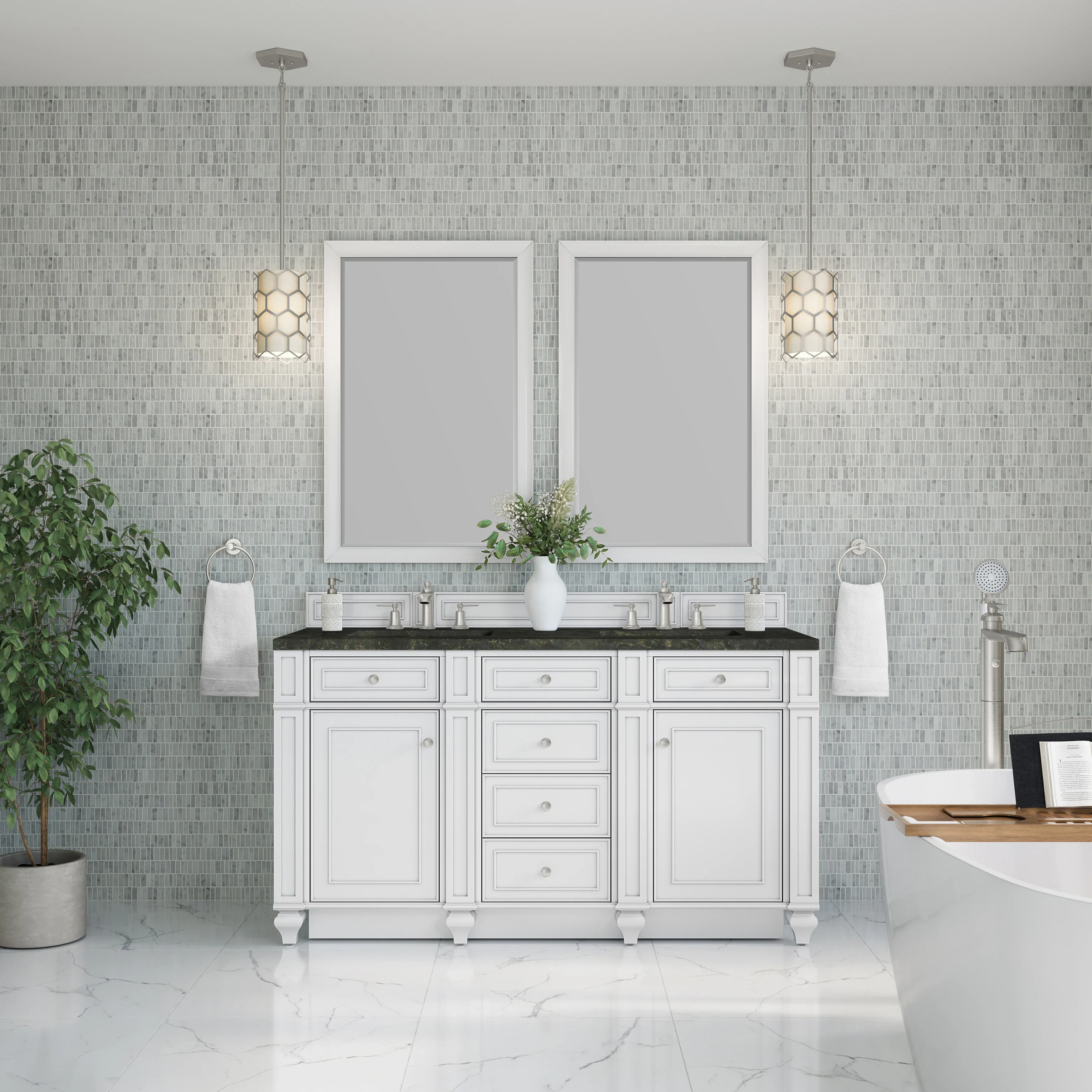 Bristol 60" Double Vanity, Bright White, w/ 3 CM Phantome Eclos Top