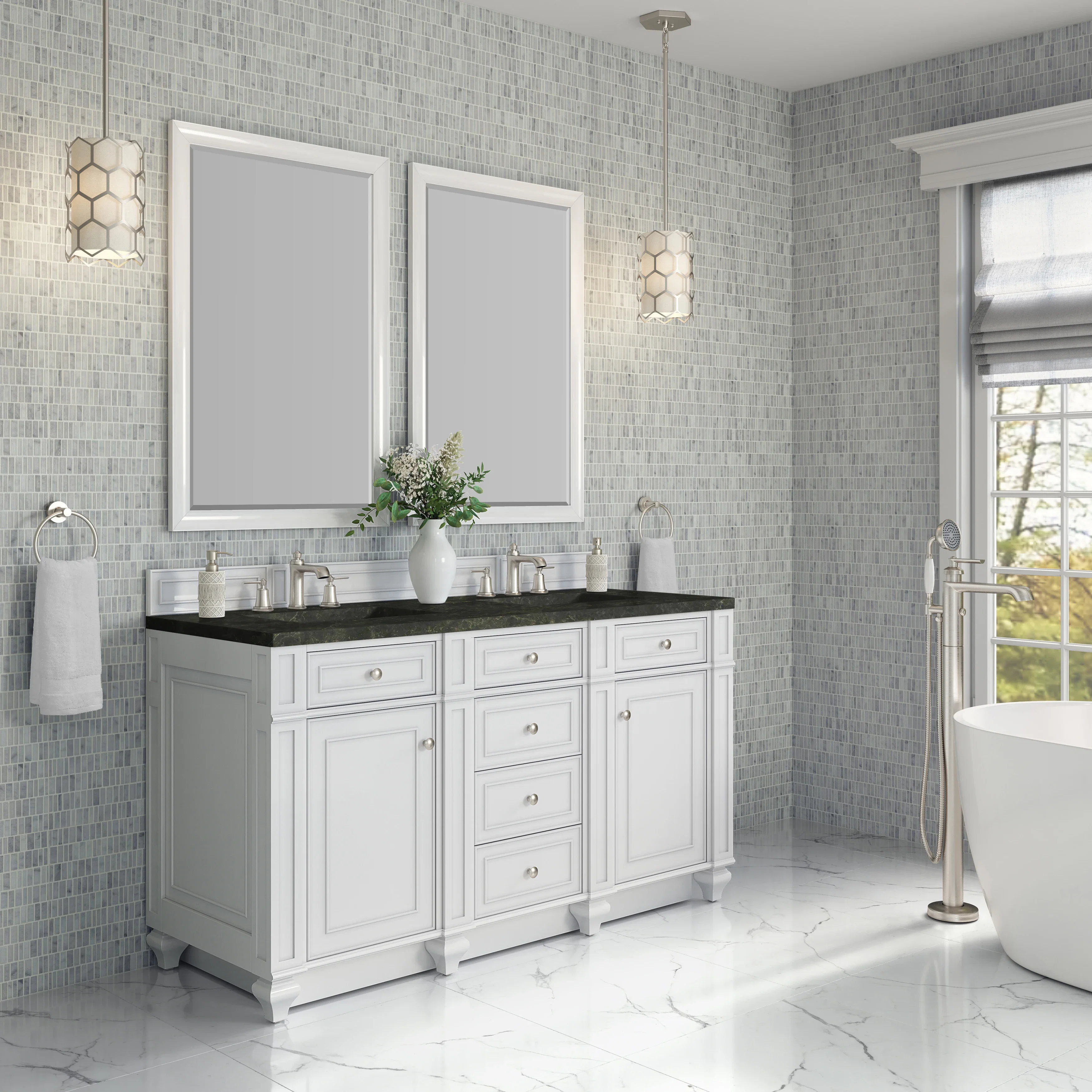 Bristol 60" Double Vanity, Bright White, w/ 3 CM Phantome Eclos Top