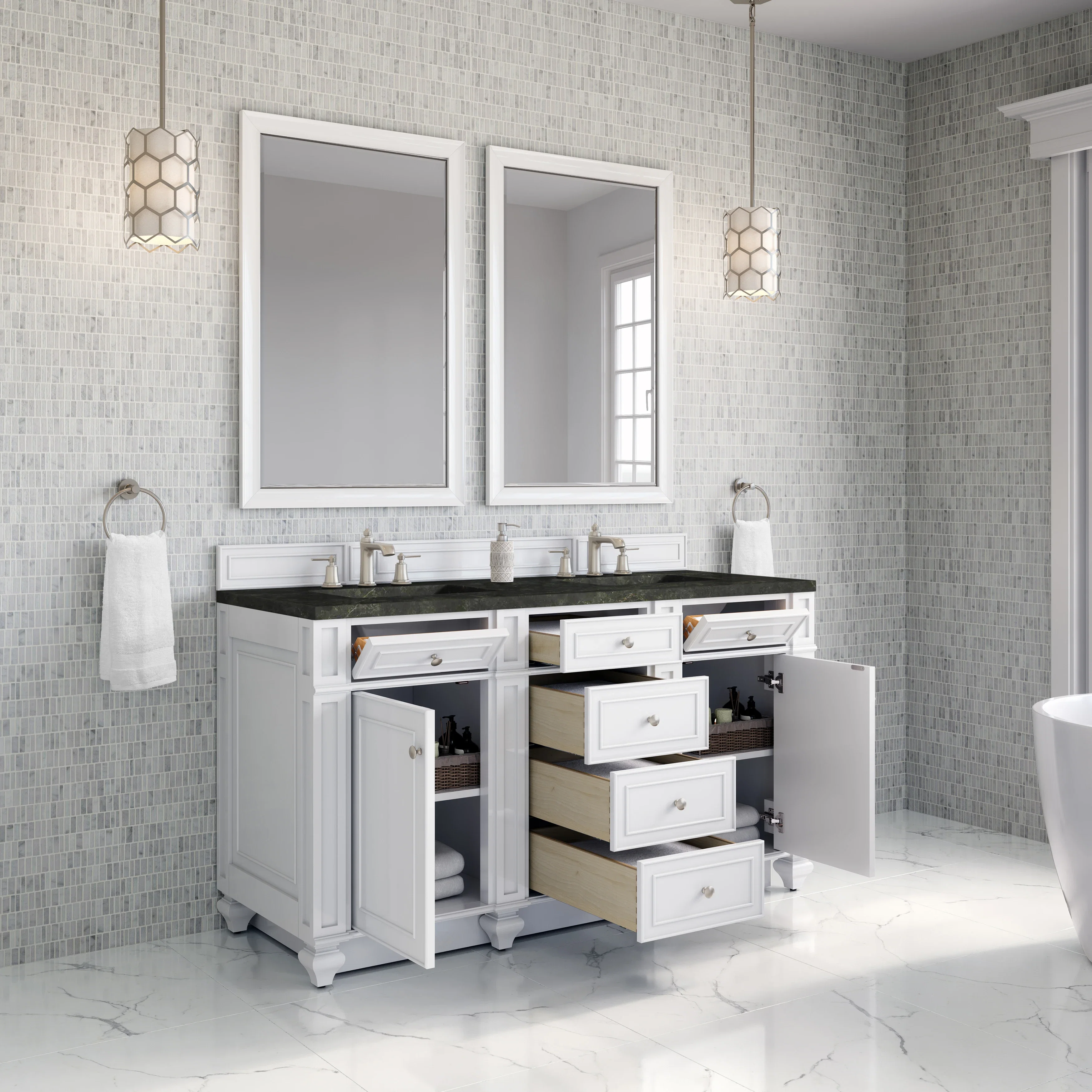 Bristol 60" Double Vanity, Bright White, w/ 3 CM Phantome Eclos Top
