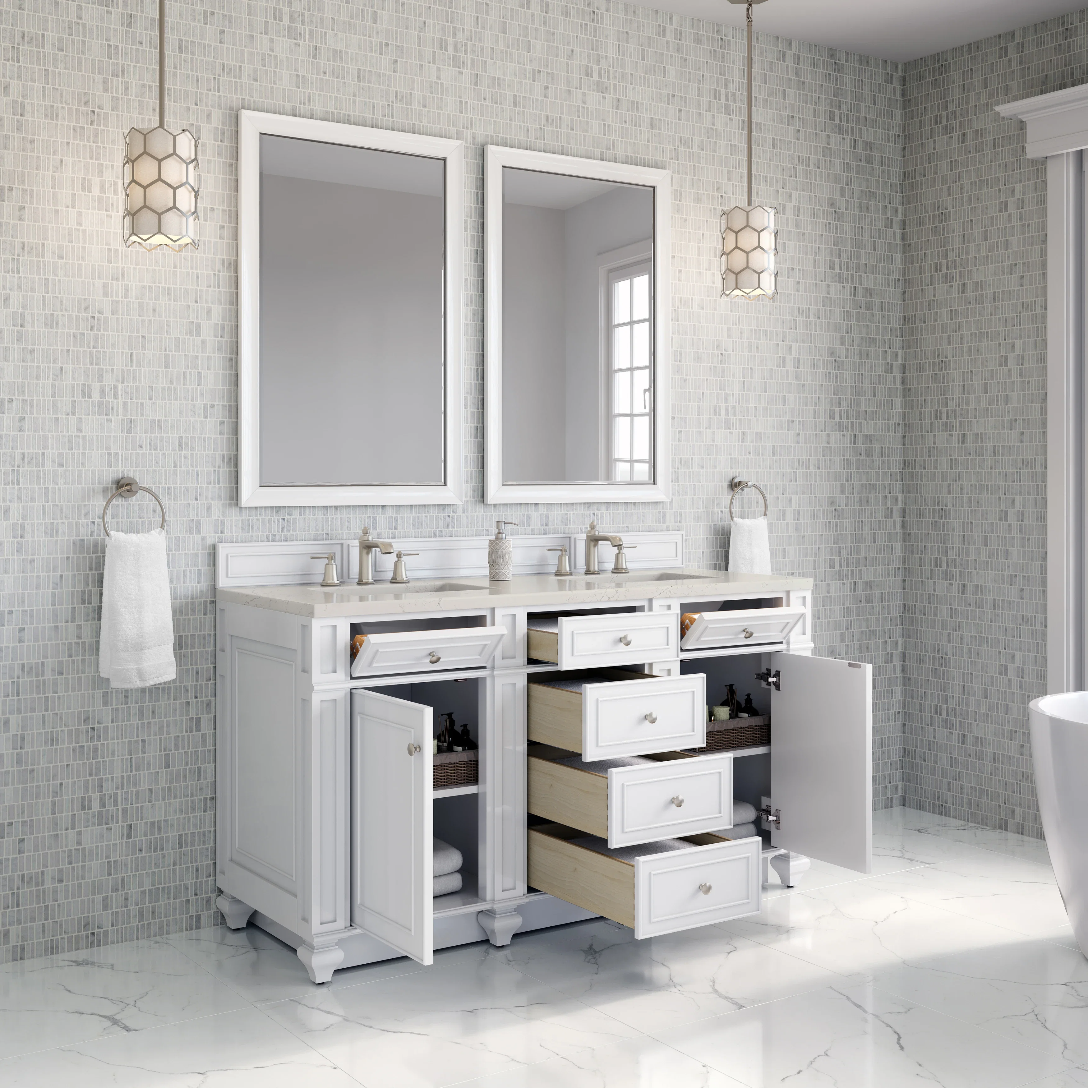 Bristol 60" Double Vanity, Bright White, w/ 3 CM Siberian Silestone Top