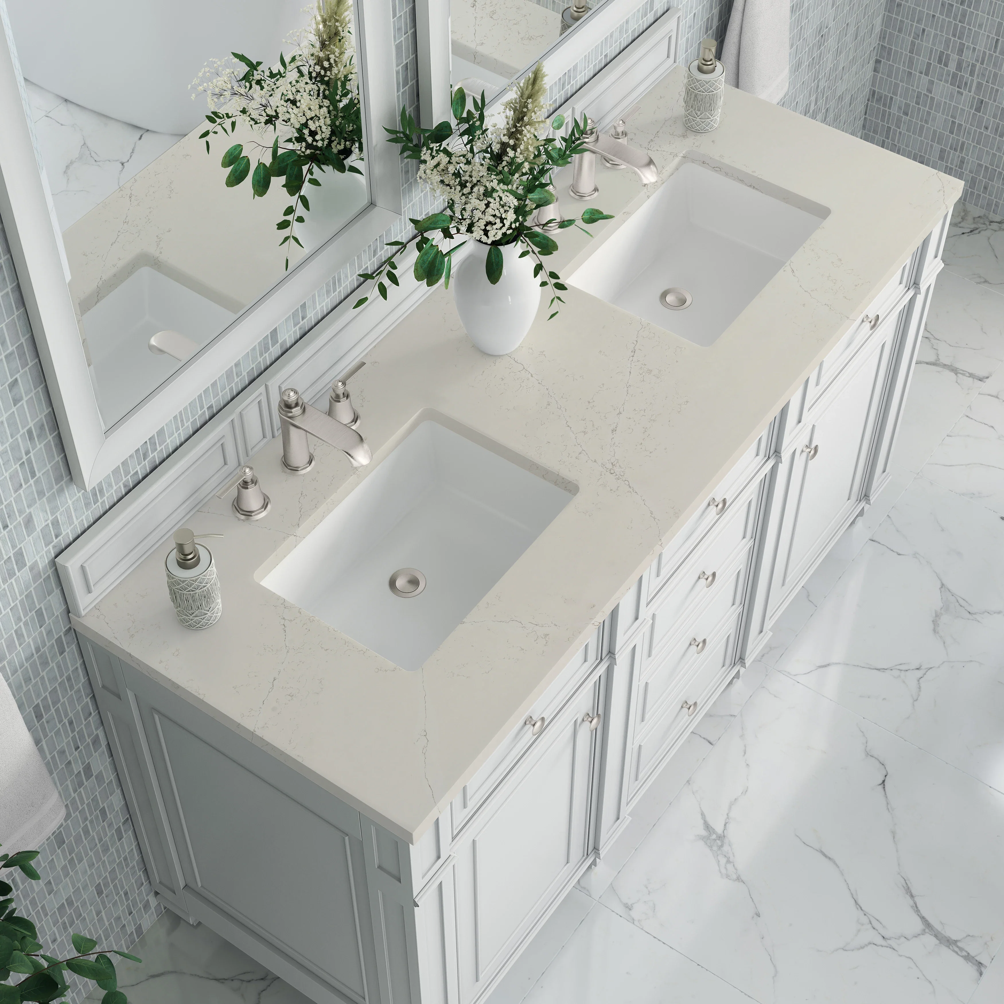 Bristol 60" Double Vanity, Bright White, w/ 3 CM Siberian Silestone Top