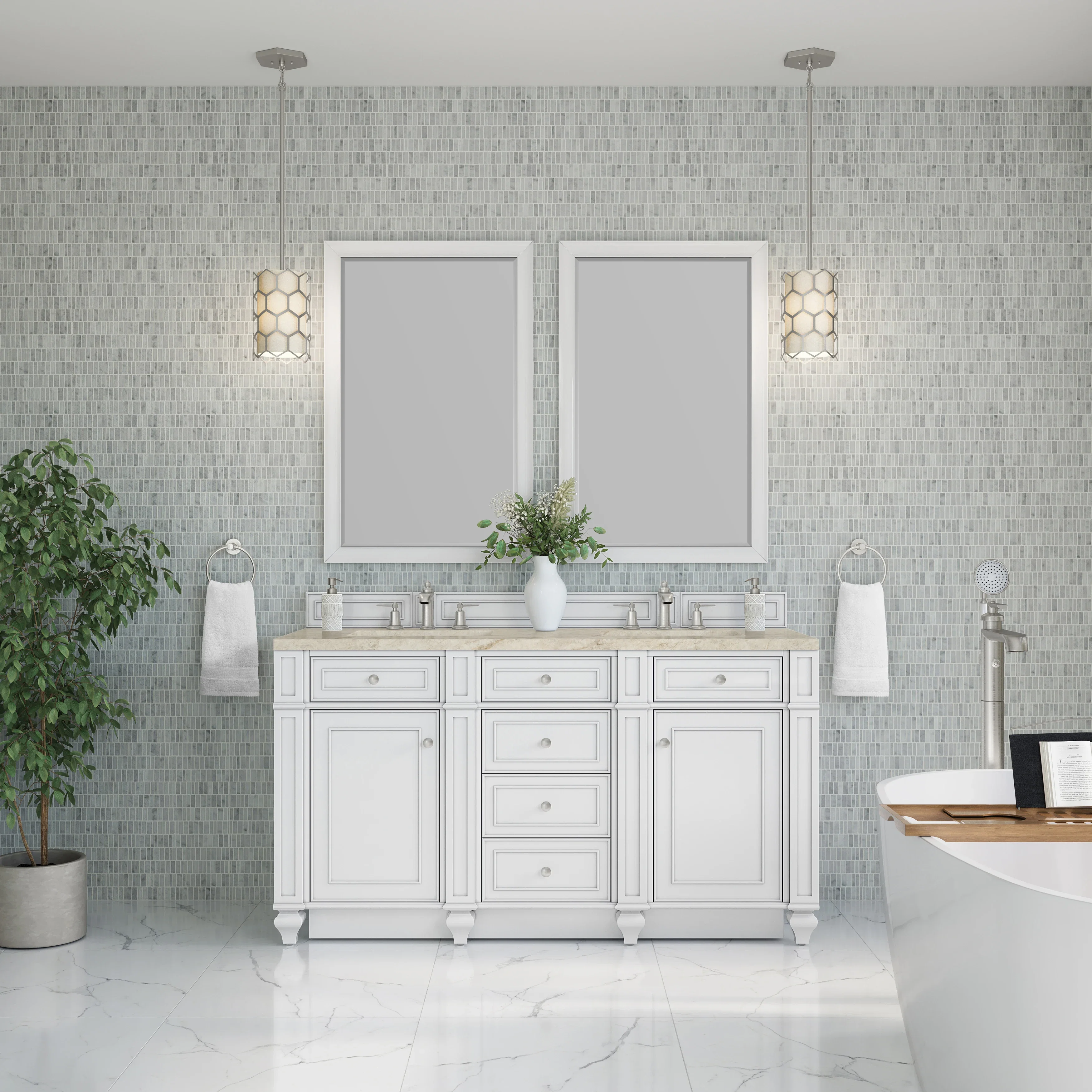 Bristol 60" Double Vanity, Bright White, w/ 3 CM Tajnar Eclos Top