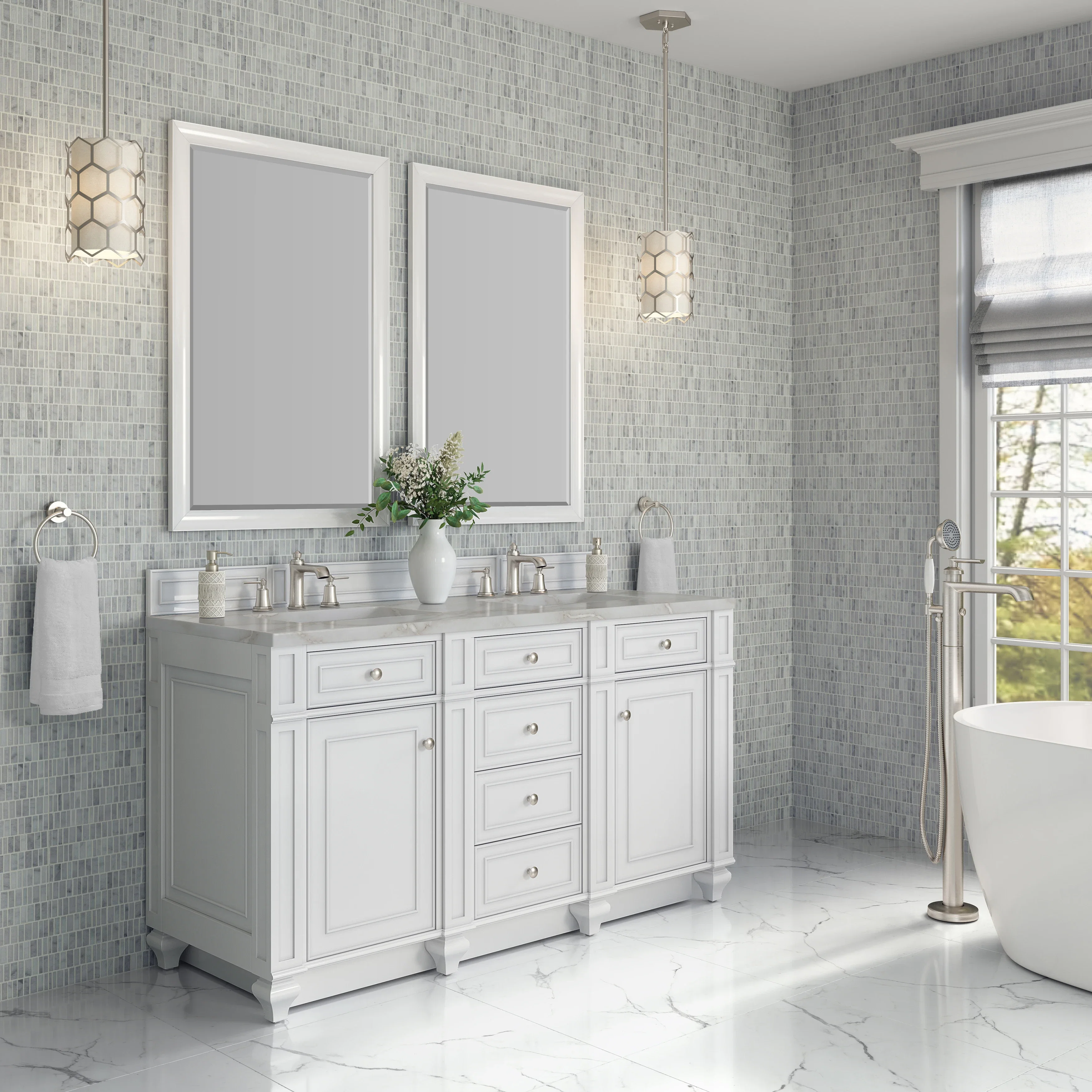 Bristol 60" Double Vanity, Bright White w/ 3 CM Victorian Silver Silestone Top