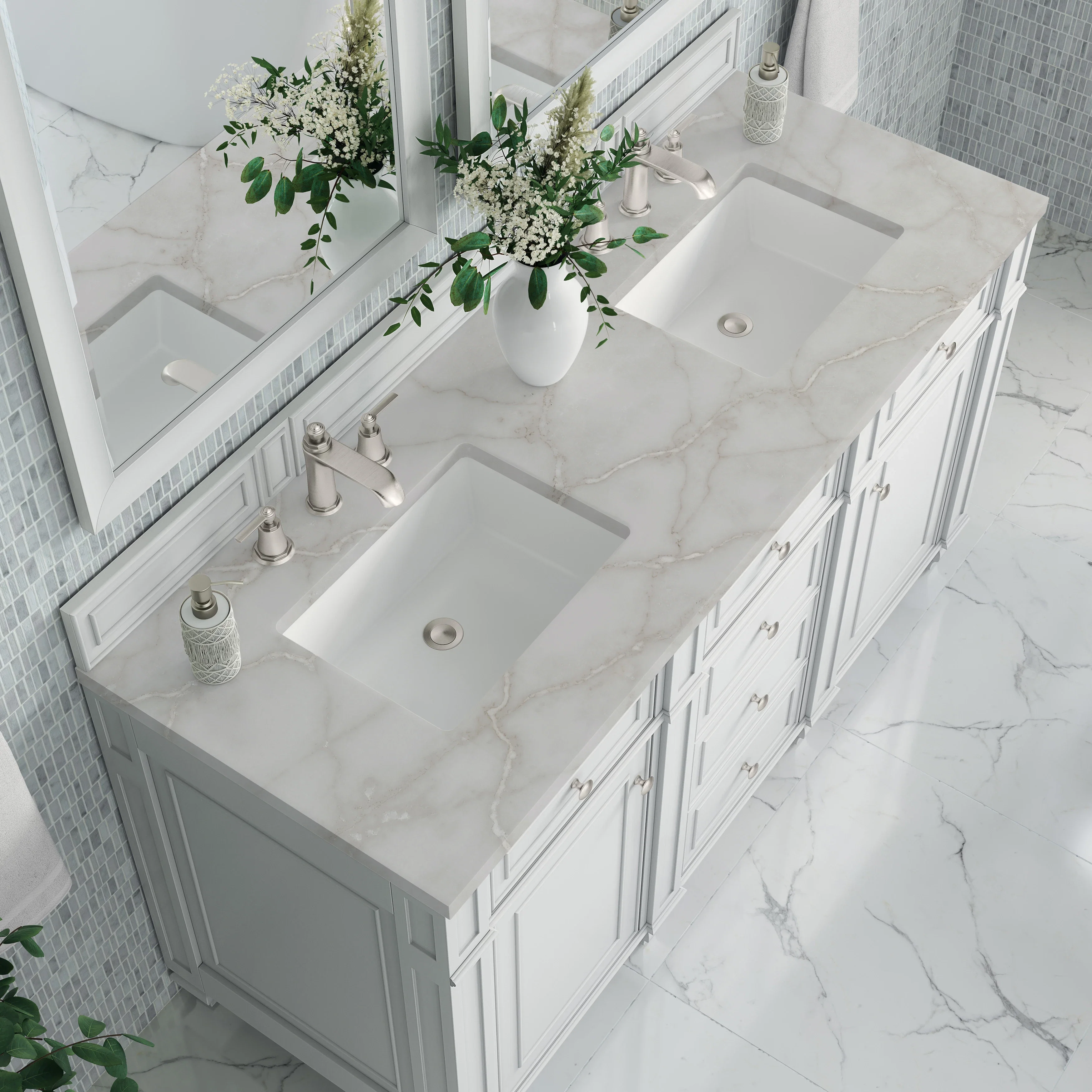Bristol 60" Double Vanity, Bright White w/ 3 CM Victorian Silver Silestone Top