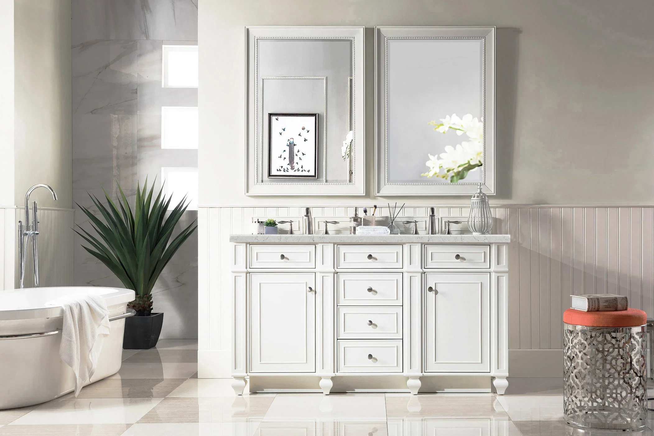 Bristol 60" Double Vanity, Bright White w/ 3 CM Eternal Jasmine Pearl Silestone Top w/FreePower Wireless Charger