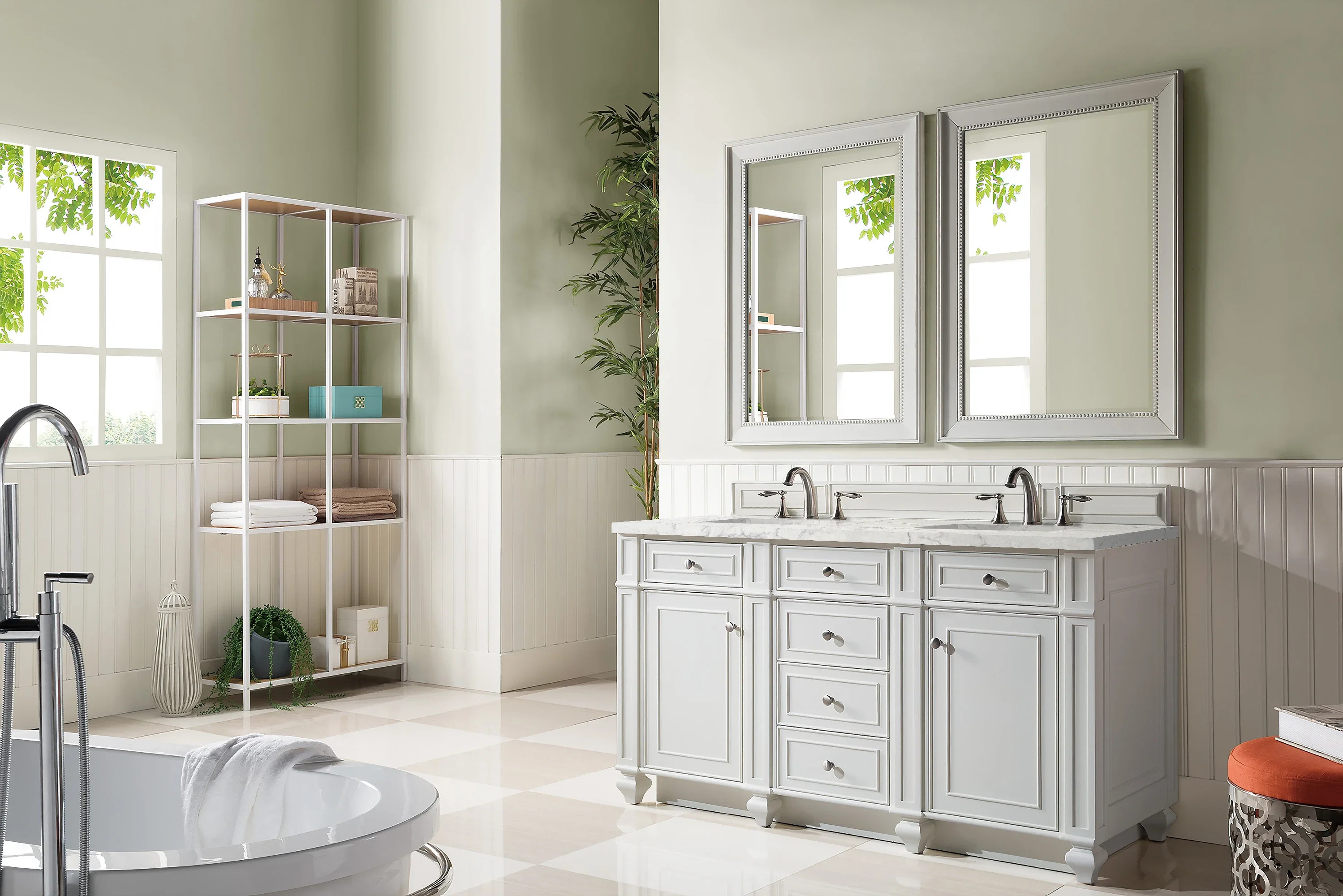 Bristol 60" Double Vanity, Bright White w/ 3 CM Eternal Jasmine Pearl Silestone Top w/FreePower Wireless Charger