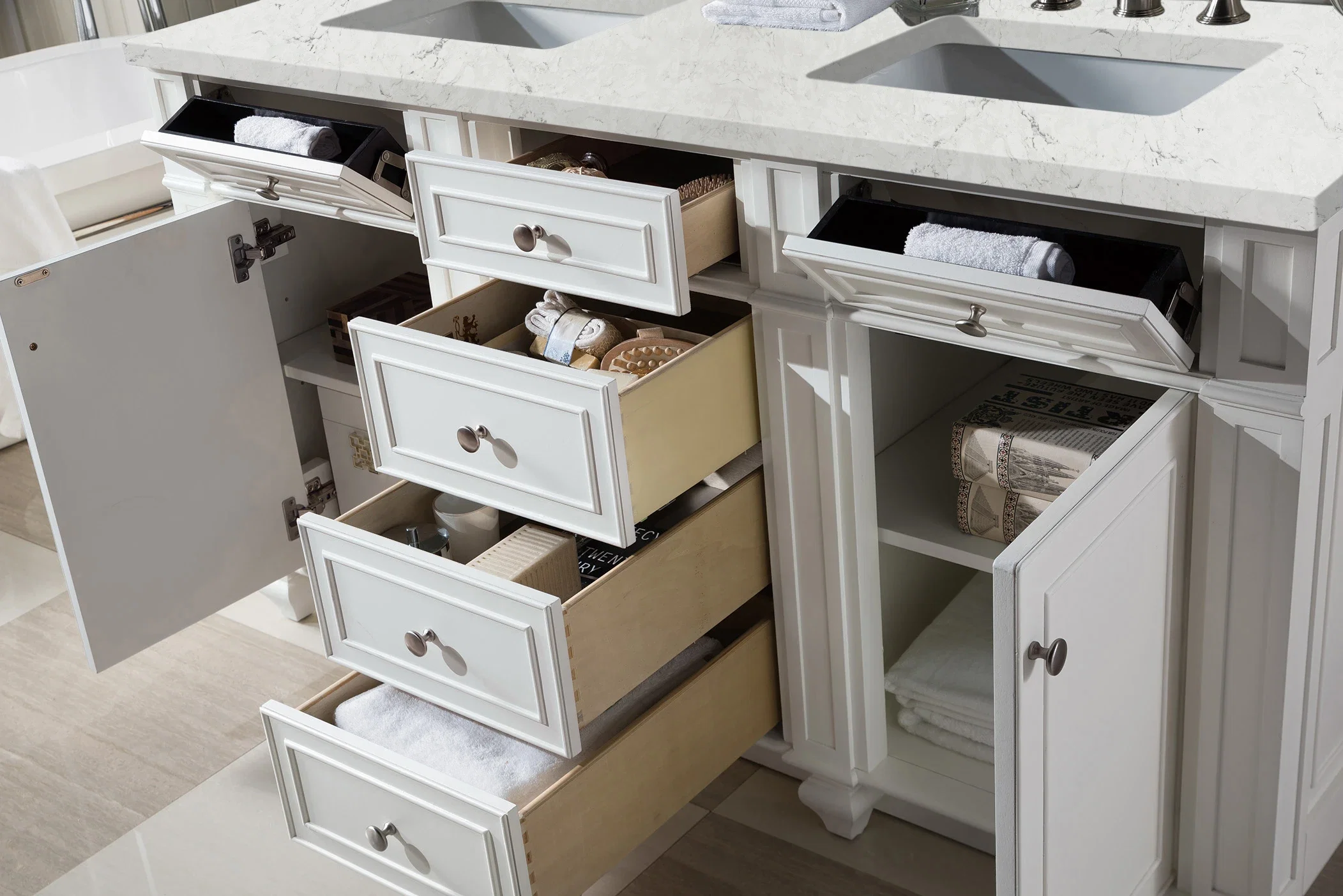 Bristol 60" Double Vanity, Bright White w/ 3 CM Eternal Jasmine Pearl Silestone Top w/FreePower Wireless Charger