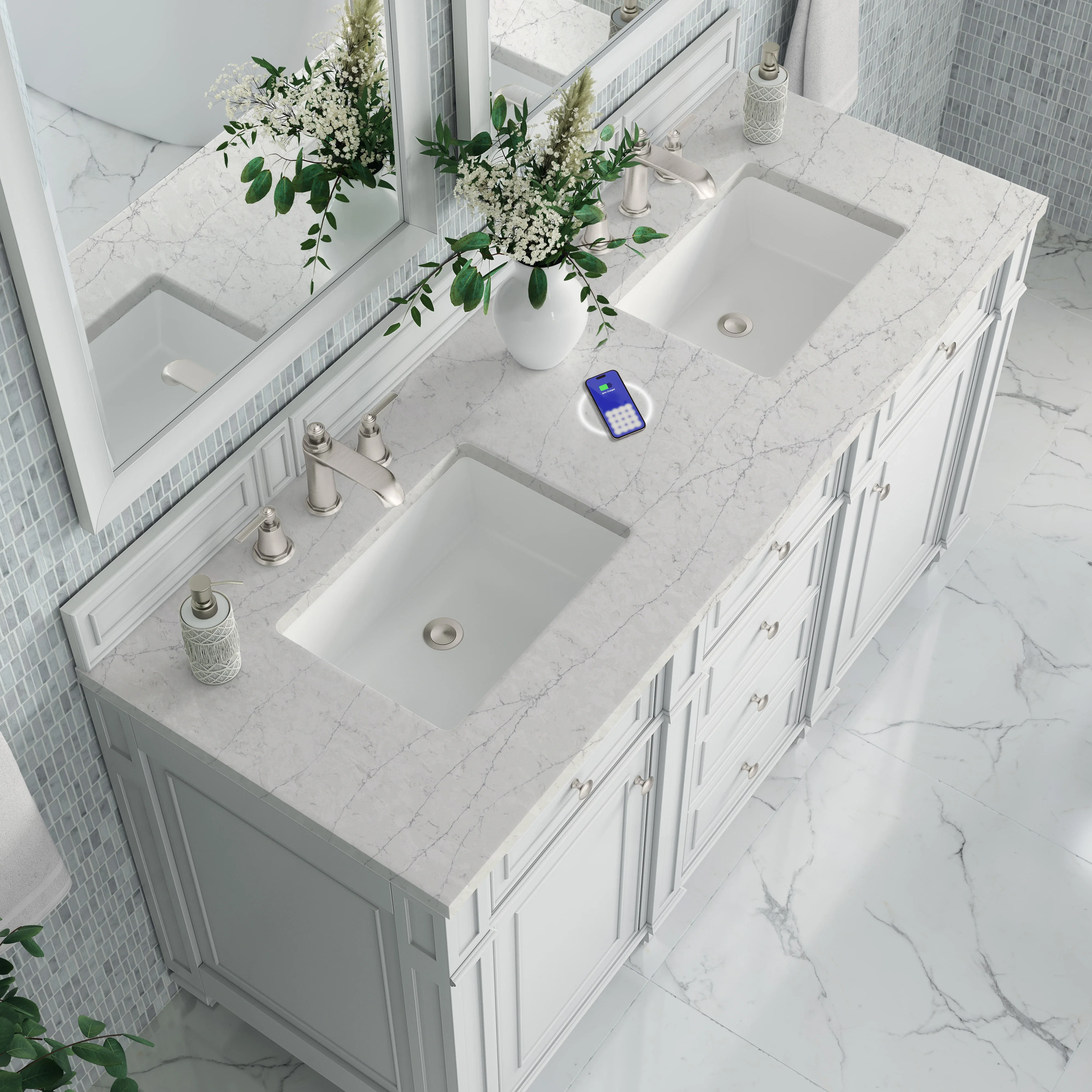 Bristol 60" Double Vanity, Bright White w/ 3 CM Eternal Jasmine Pearl Silestone Top w/FreePower Wireless Charger