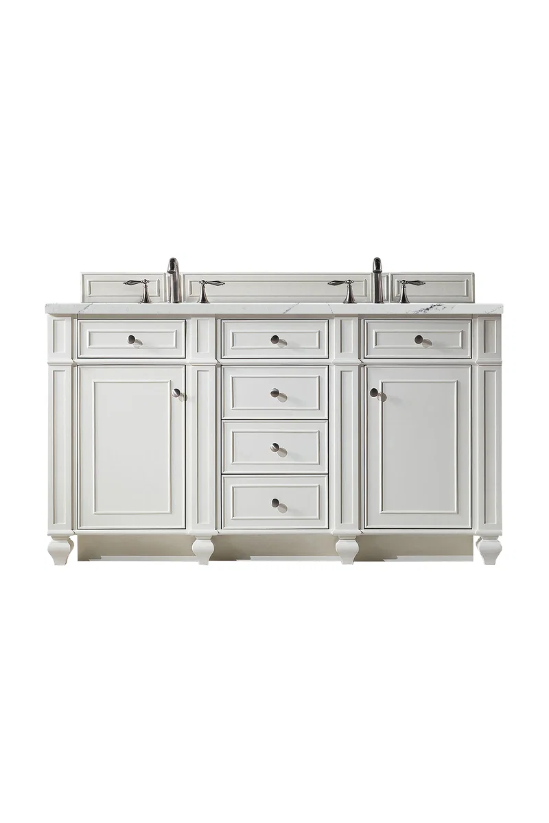 Bristol 60" Double Vanity, Bright White w/ 3 CM Ethereal Noctis Silestone Top w/FreePower Wireless Charger
