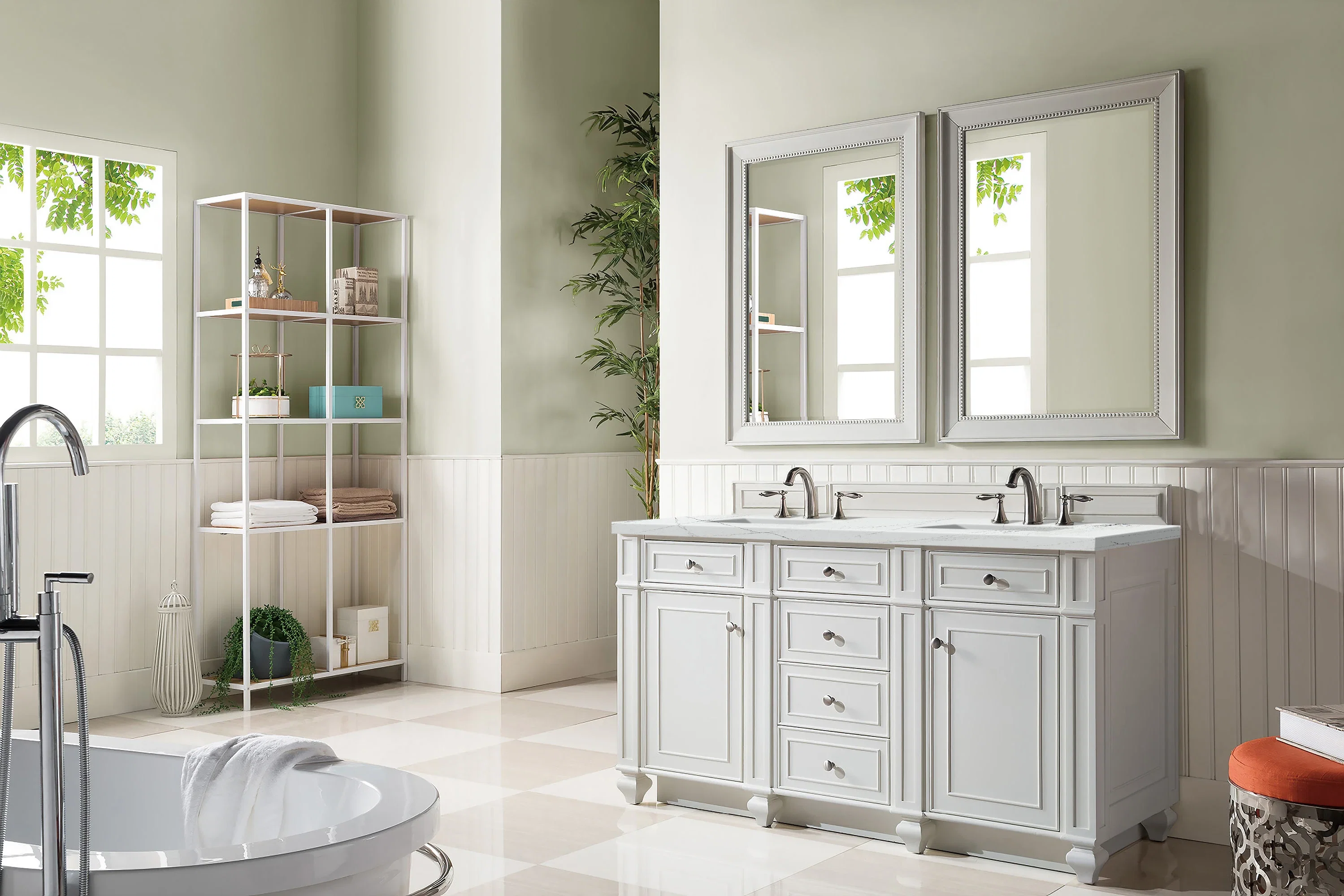 Bristol 60" Double Vanity, Bright White w/ 3 CM Ethereal Noctis Silestone Top w/FreePower Wireless Charger