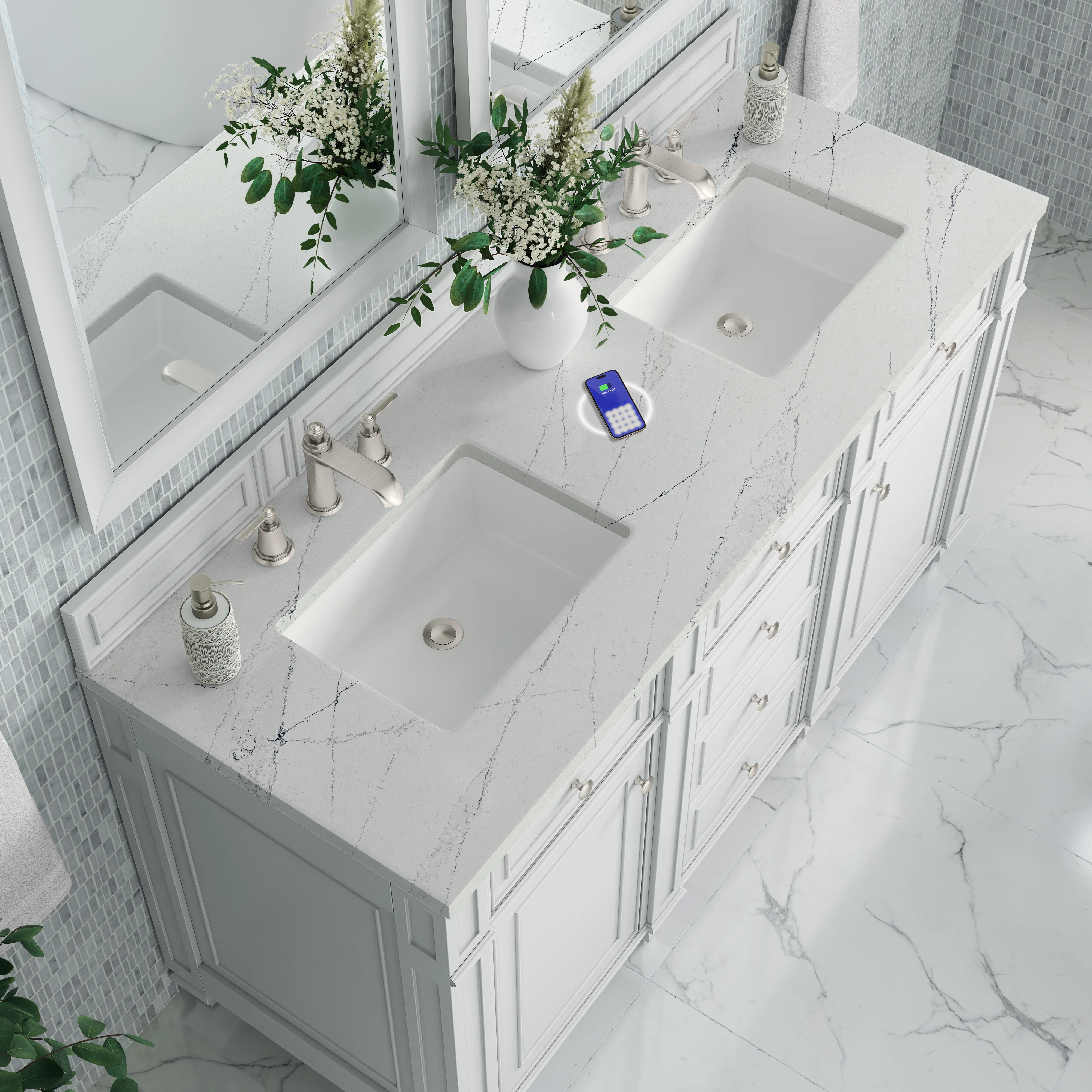 Bristol 60" Double Vanity, Bright White w/ 3 CM Ethereal Noctis Silestone Top w/FreePower Wireless Charger