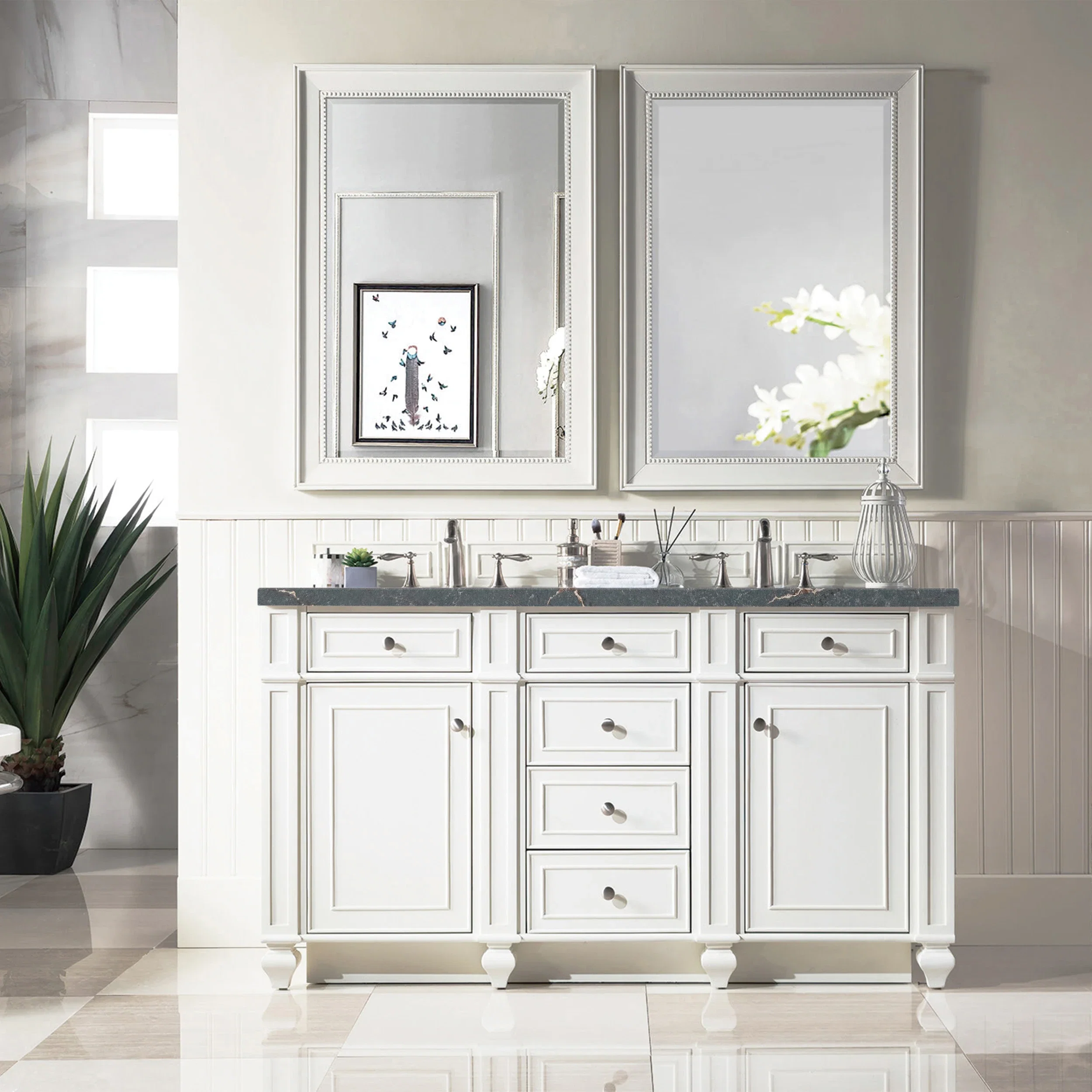 Bristol 60" Double Vanity, Bright White w/ 3 CM Parisien Bleu Silestone Top w/FreePower Wireless Charger