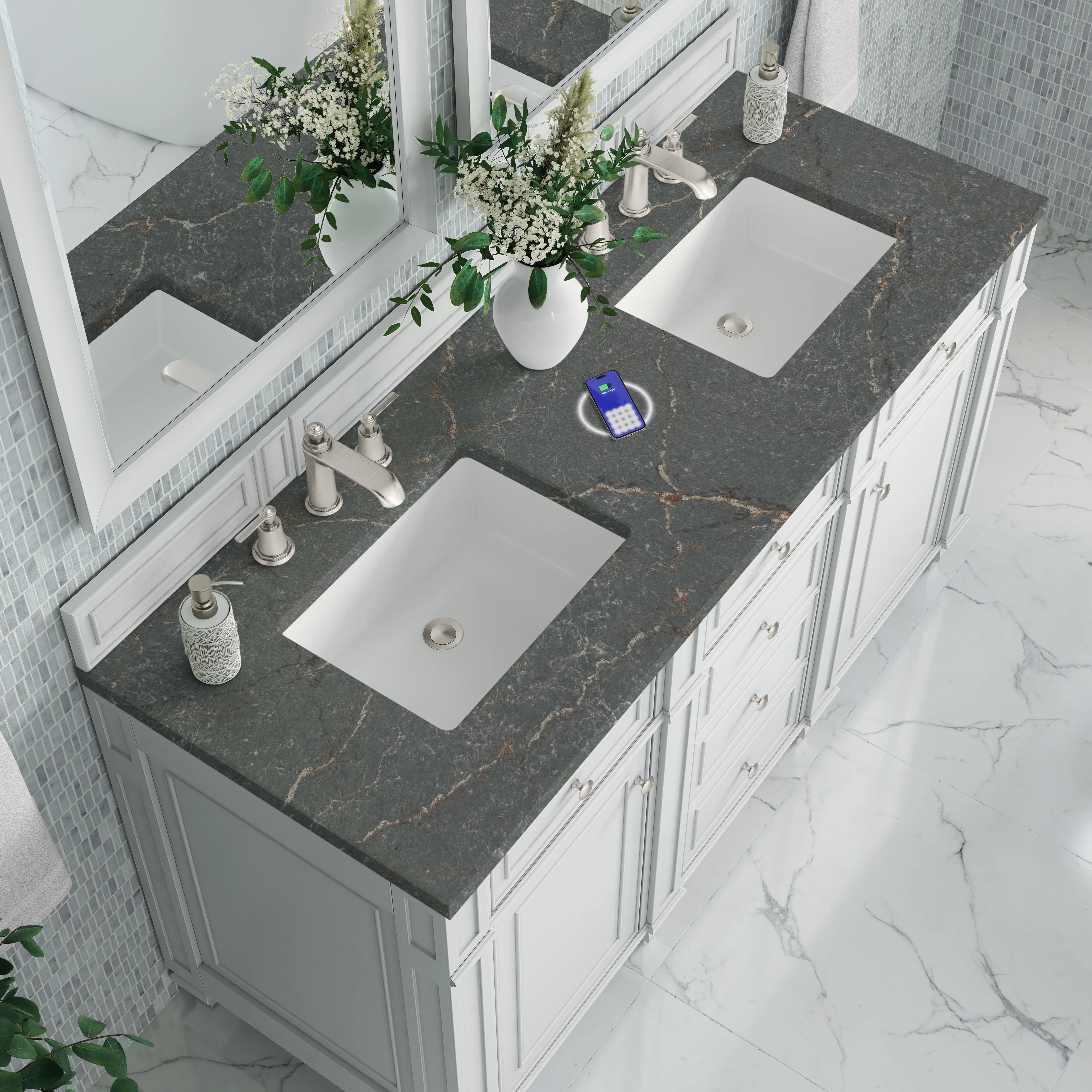 Bristol 60" Double Vanity, Bright White w/ 3 CM Parisien Bleu Silestone Top w/FreePower Wireless Charger