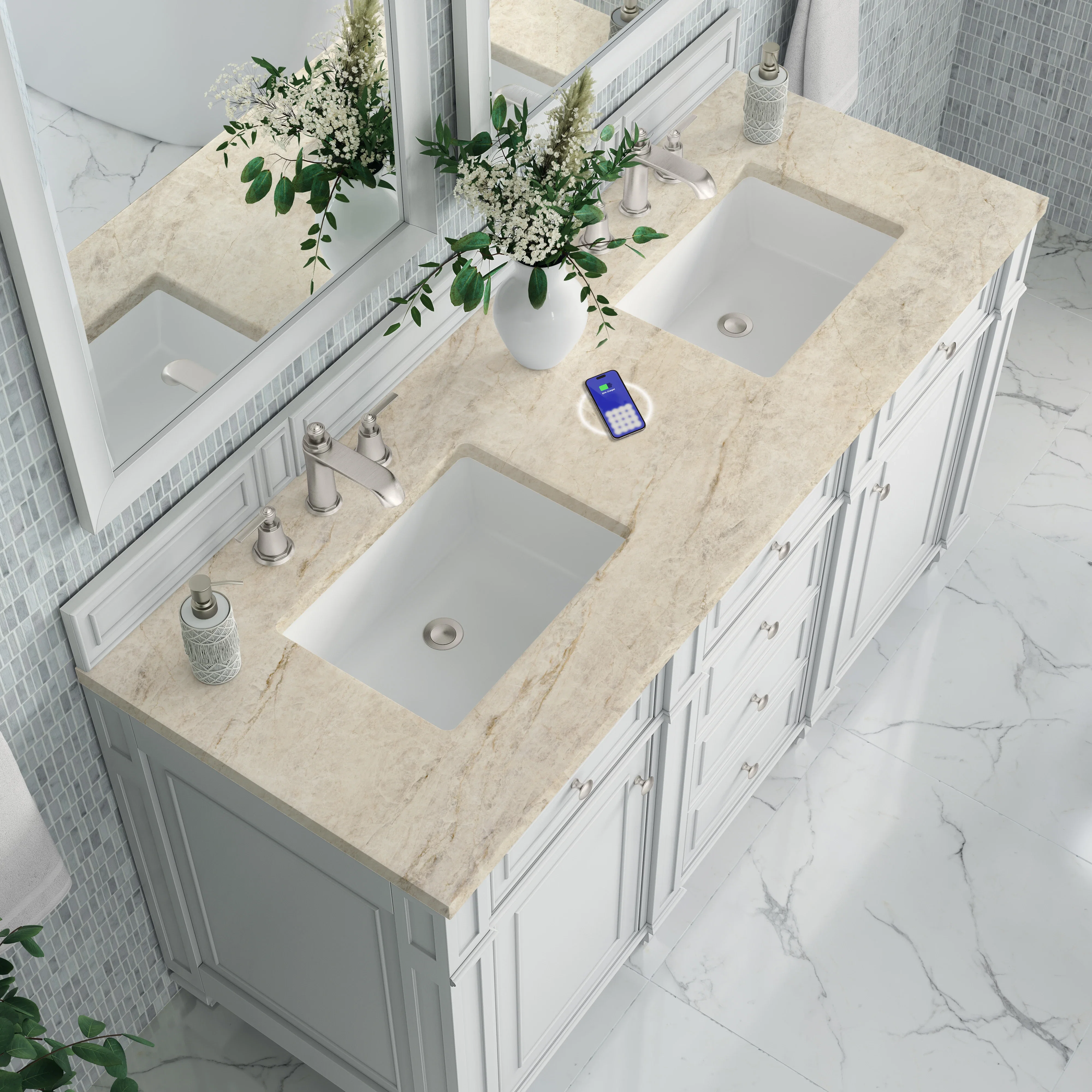 Bristol 60" Double Vanity, Bright White, w/ 3 CM Tajnar Eclos Top w/FreePower Wireless Charger
