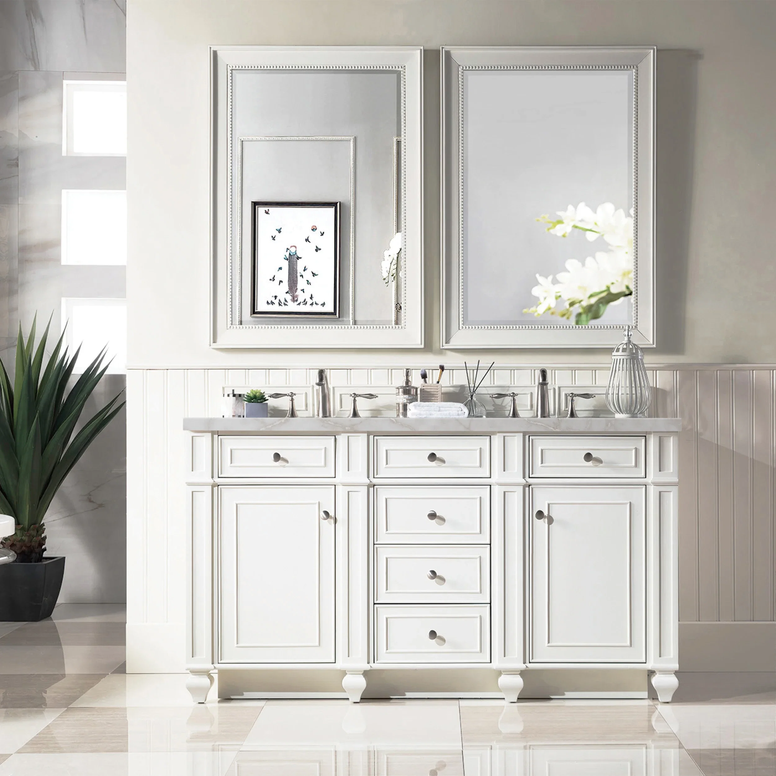 Bristol 60" Double Vanity, Bright White w/ 3 CM Victorian Silver Silestone Top w/FreePower Wireless Charger